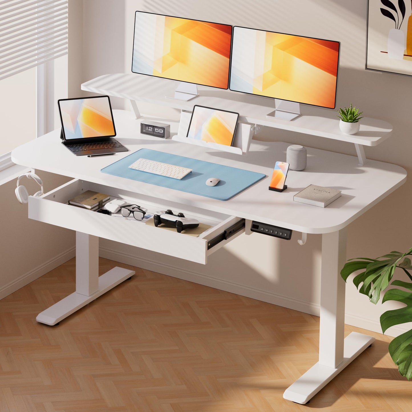 COMHOMA Electric Standing Desk with Drawers, 48 x 24'' Sit Stand up Desk with Monitor Stand, Laptop Stand, Height Adjustable Ergonomic Home Office Computer Desk with Memory Preset Controller