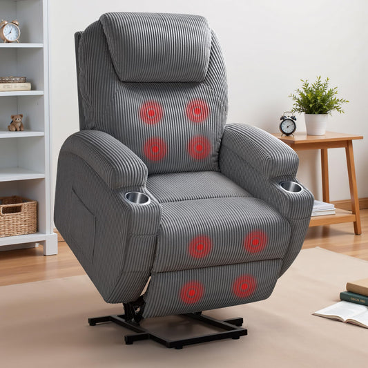 Furmax Electric Power Lift Recliner Chair with Massage for Elderly Corduroy Fabric Recliner Single Sofa with Cup Holders, Side Pockets and Remote Control for Living Room Bedroom (Gray)