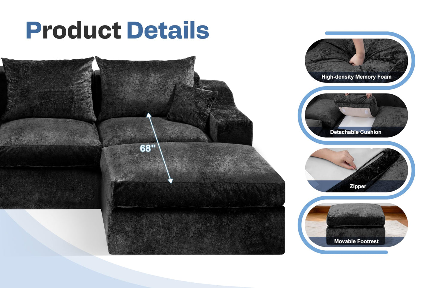 HABUTWAY 90" Boneless Couch with Ottoman, Sectional Couches for Living Room, Cloud Couch with Deep Seat, Modular Sectional Sofa with L-Shape Chaise, No Assembly Required (Black, Left Facing Chaise)