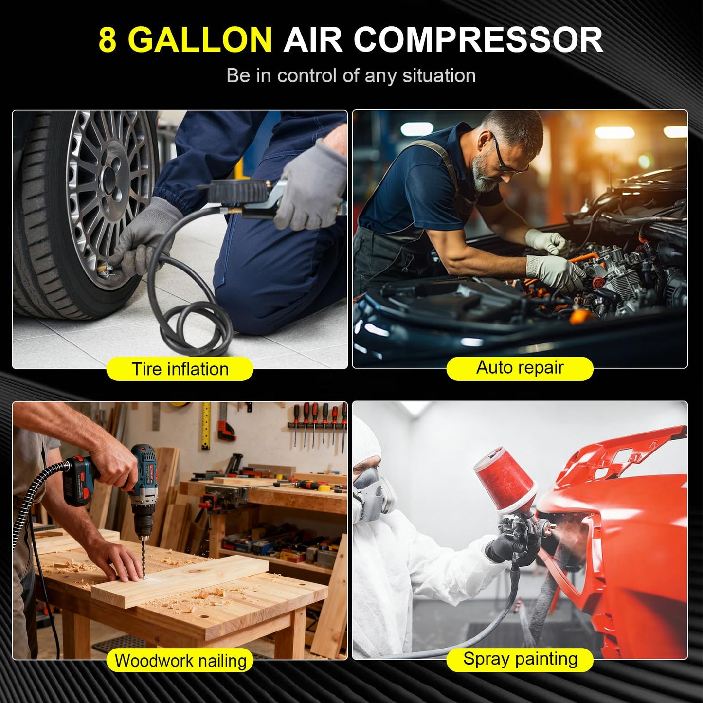 CIRONBOW 8 Gallon Ultra Quiet Air Compressor 70dB,1.8HP Oil Free 116 PSI, 2.47 CFM @ 90 PSI, Heavy Duty Portable with Wheels for Garage, Workshop, Nail Gun, Woodworking, Spray Painting, Tire Inflation