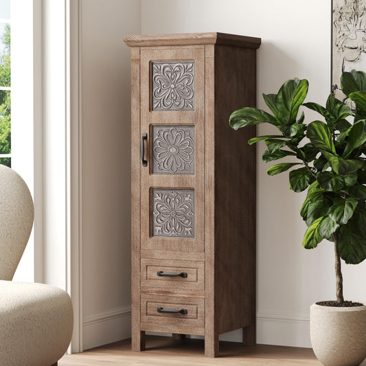 COSIEST 48" Narrow Farmhouse Accent Cabinet, Rustic Wood Storage Tower with 1 Door, 2 Drawers & Adjustable Shelves, Embossed Metal Panel Chest for Small Spaces, Hallway, Kitchen
