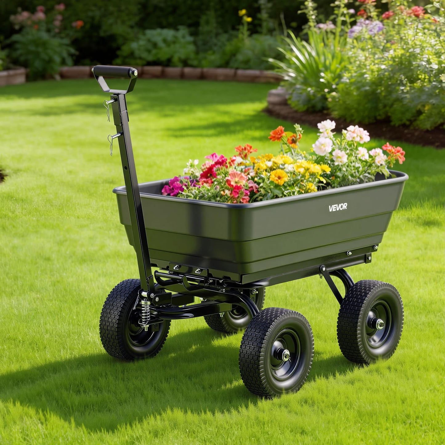 VEVOR 7 Cu.Ft 1200LBS Poly Garden Cart Dump Wagon, Heavy Duty Wheelbarrow with 2-in-1 Convertible Handle and 13" Flat Free Tires, Utility ATV Trailer Yard Dump Cart Tow Behind for Lawn Mower Tractor