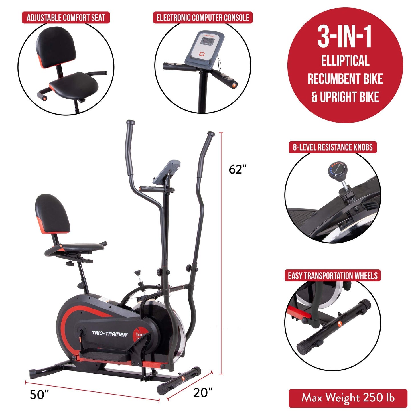Body Power 3-in-1 Exercise Machine, Trio Trainer, Elliptical and Upright/Recumbent Bike