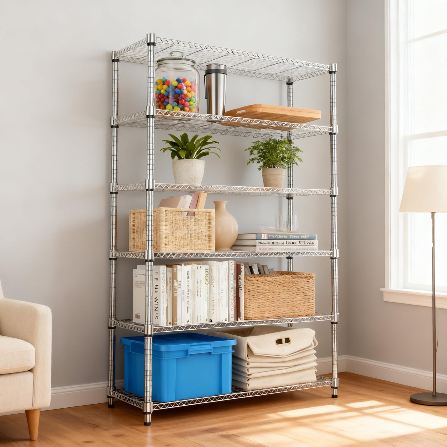 M MZG 2100LBS 47.2" W 6 Tiers Shelf Storage Shelves Metal Shelving Unit Heavy Duty Garage Shelving Adjustable Wire Shelves for Pantry,Kitchen,Garage,Basement,Chrome 17.7" D x 47.2" W x 82.4" H