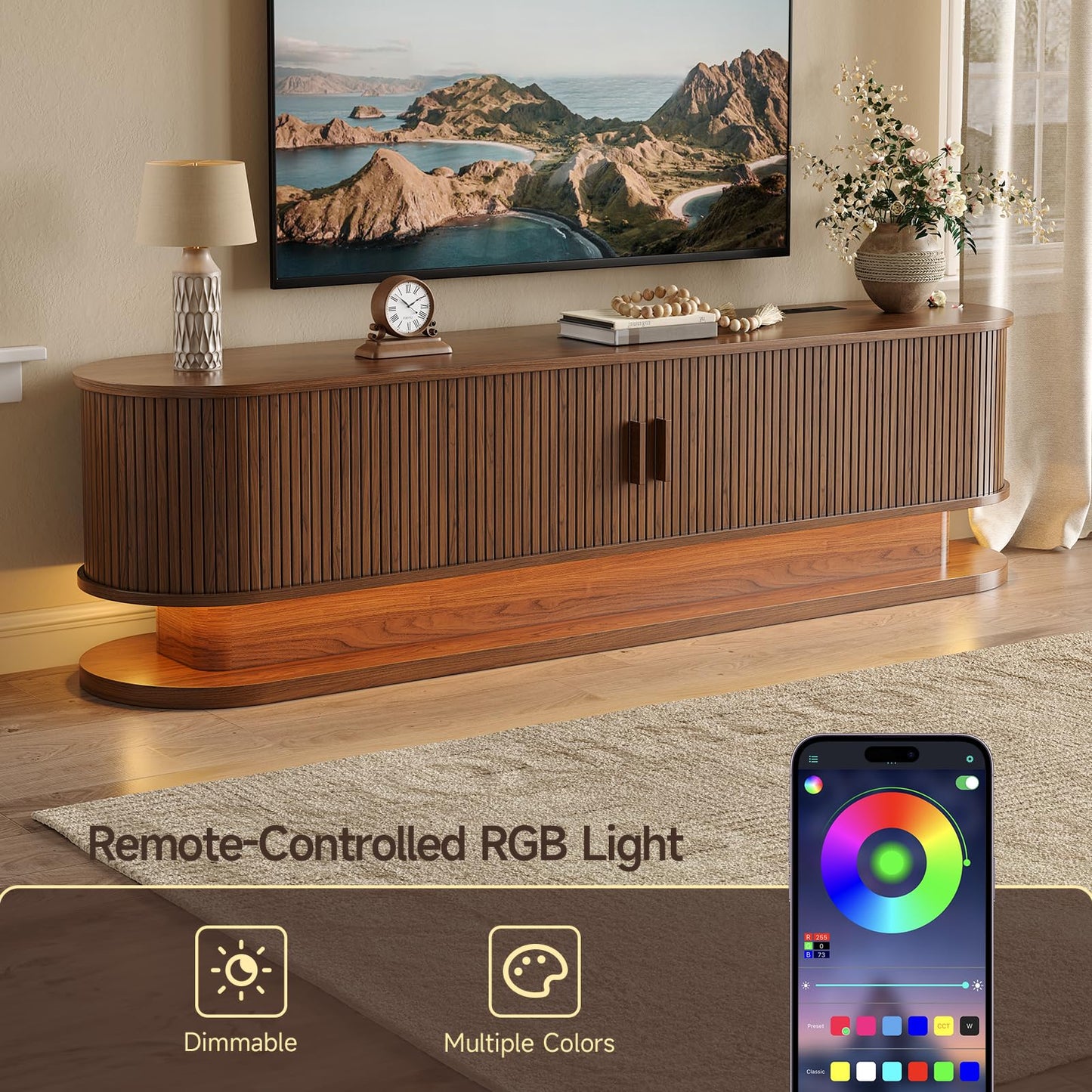 ONBRILL 70" TV Stand up to 80 Inch, Entertainment Center with LED Lights and Storage, Mid Century Modern Fluted TV Console with Power Outlet, Media Console for Living Room Bedroom (Walnut)