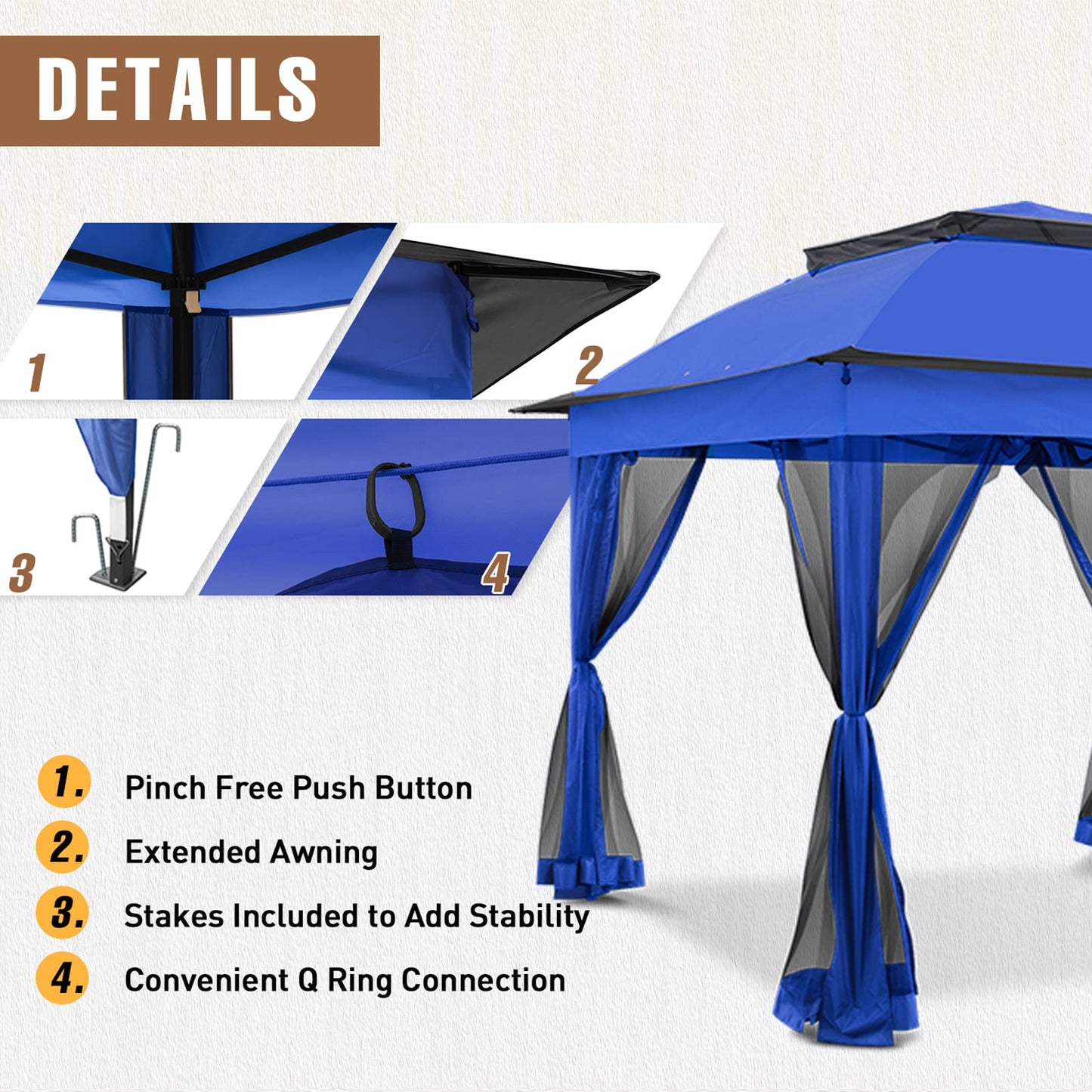 INTER HUT 11x11 Pop Up Gazebo Tent with Mesh Netting, Instant Outdoor Canopy with UPF 50+ UV Protection, Water Resistant, Blue