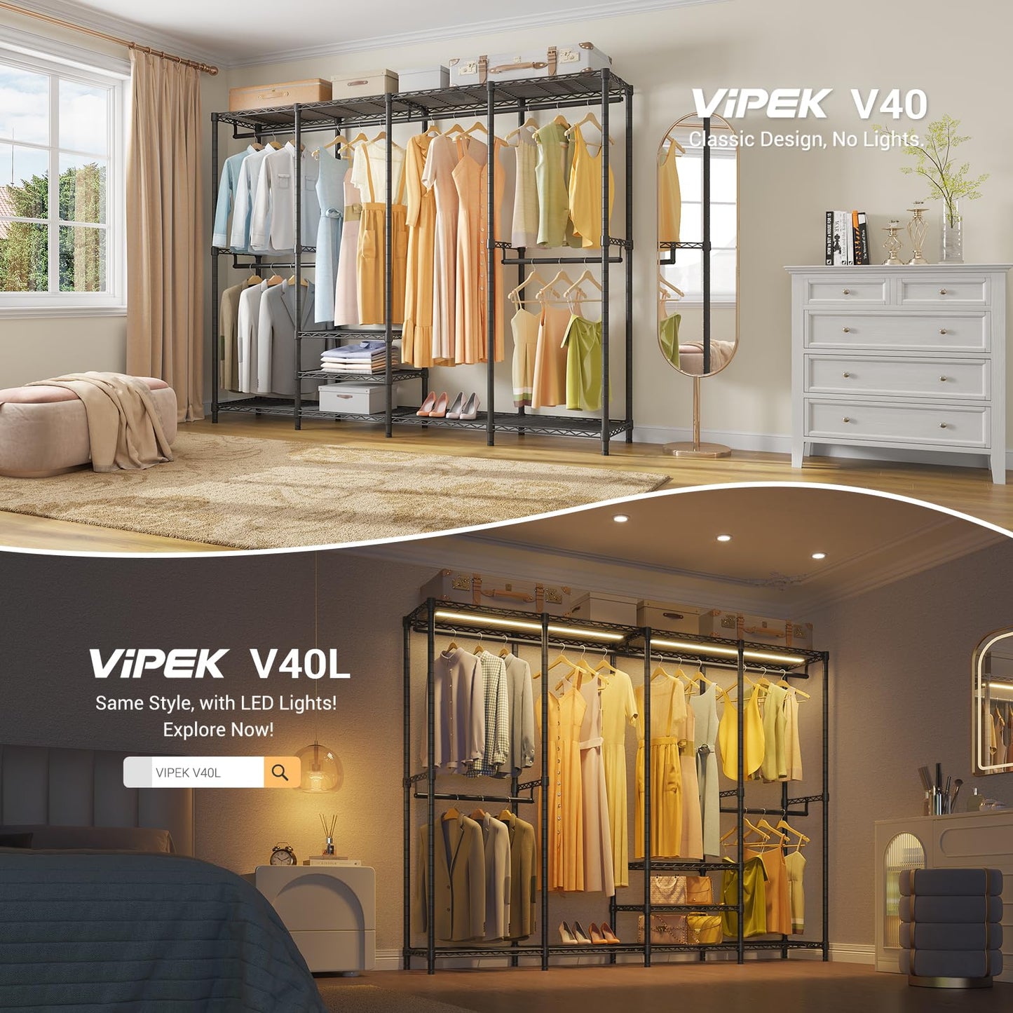 VIPEK V40 Heavy Duty Clothes Rack, 1110lbs Capacity Sturdy Metal Garment Rack, Clothing Rack with 6 Shelves & 4 Hang Rods, Adjustable Open Wardrobe Closet Organizer for Bedroom/Apartment/Retail, Black
