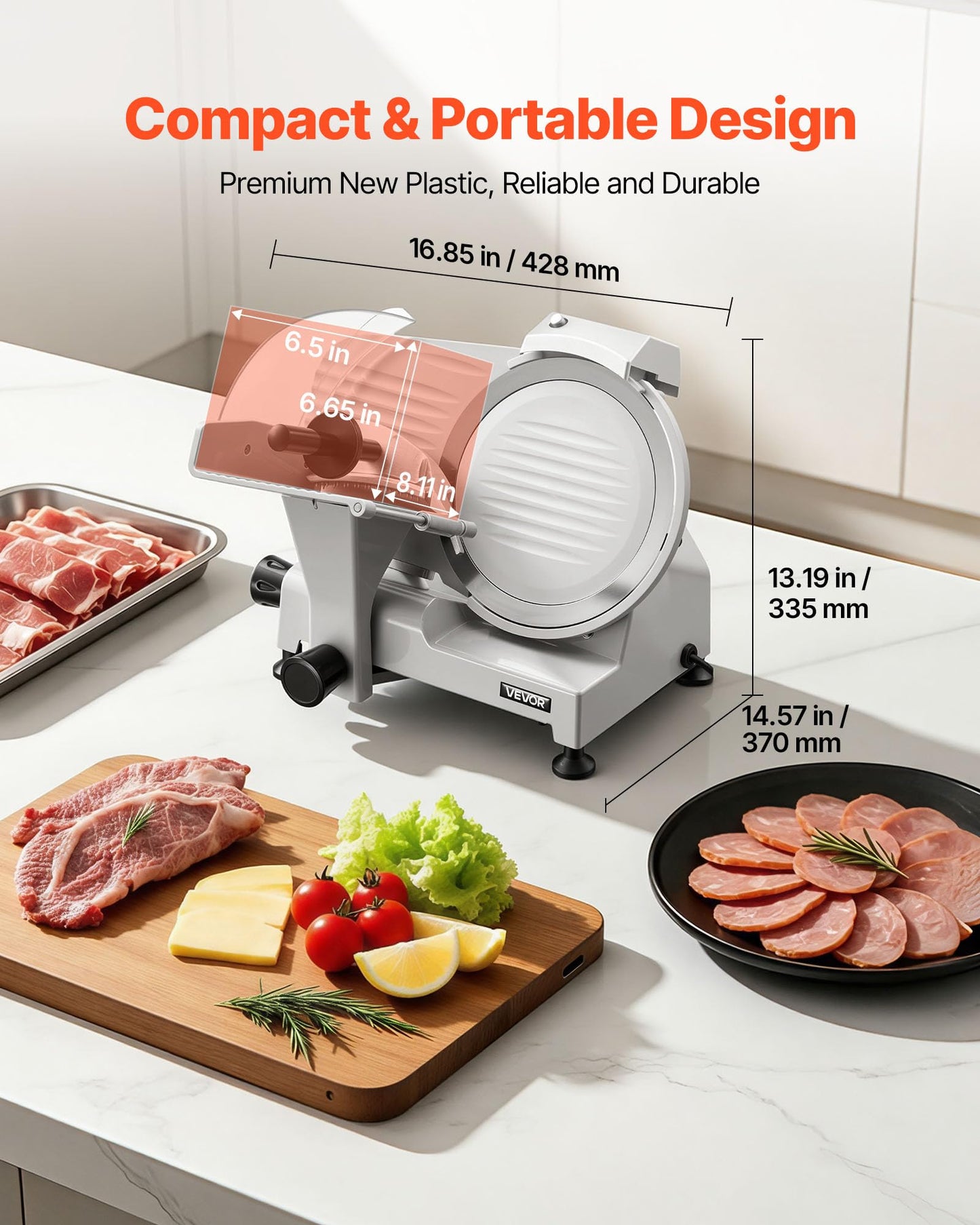 VEVOR Commercial Meat Slicer, 300W Electric Cutter, Removable 10" Carbon Steel Blade and Food Tray, 0-0.47" Adjustable Thickness Food Slicer Machine,for Frozen Meat, Ham, Baguett, Steak, ETL Approved
