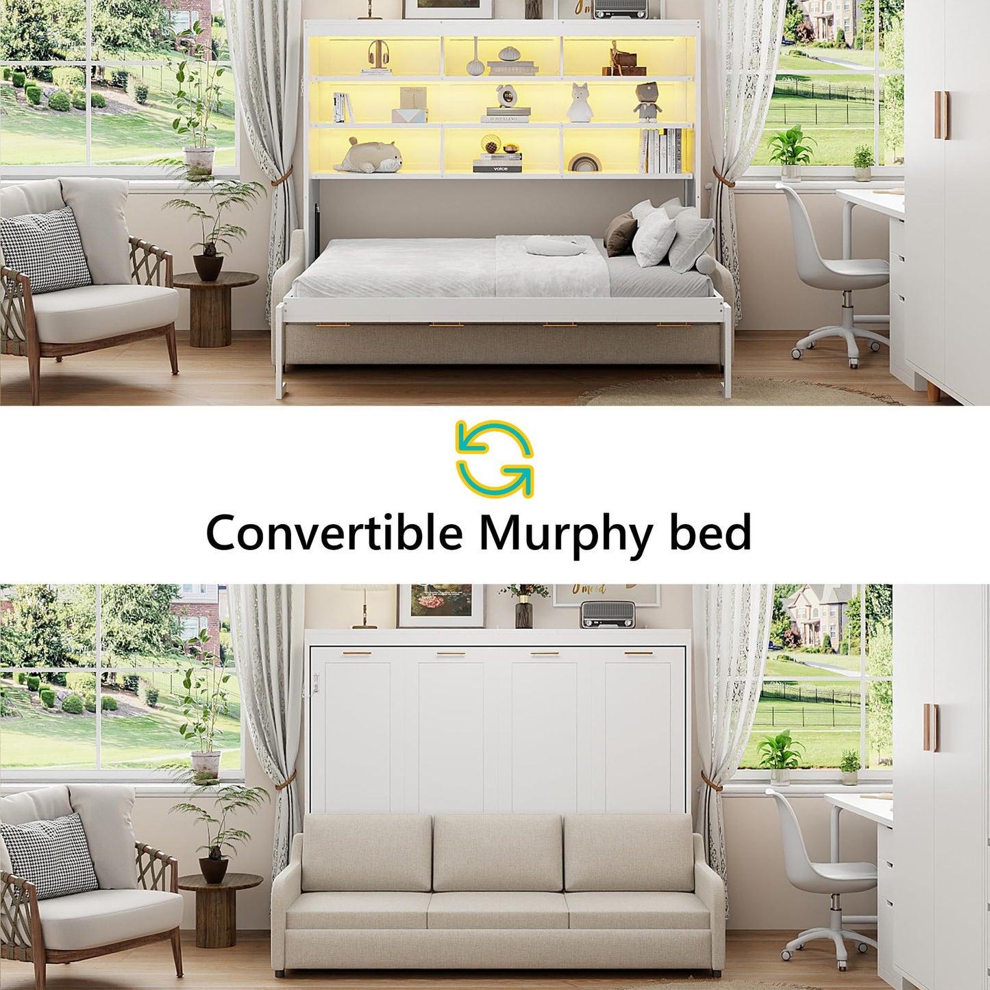 Queen Horizontal Murphy Bed with Sofa and Storage Shelves,LED Light,Solid Wood Space Saving Hideaway Murphy Wall Bed with Couch and Storage for Adults (Beige,Queen)