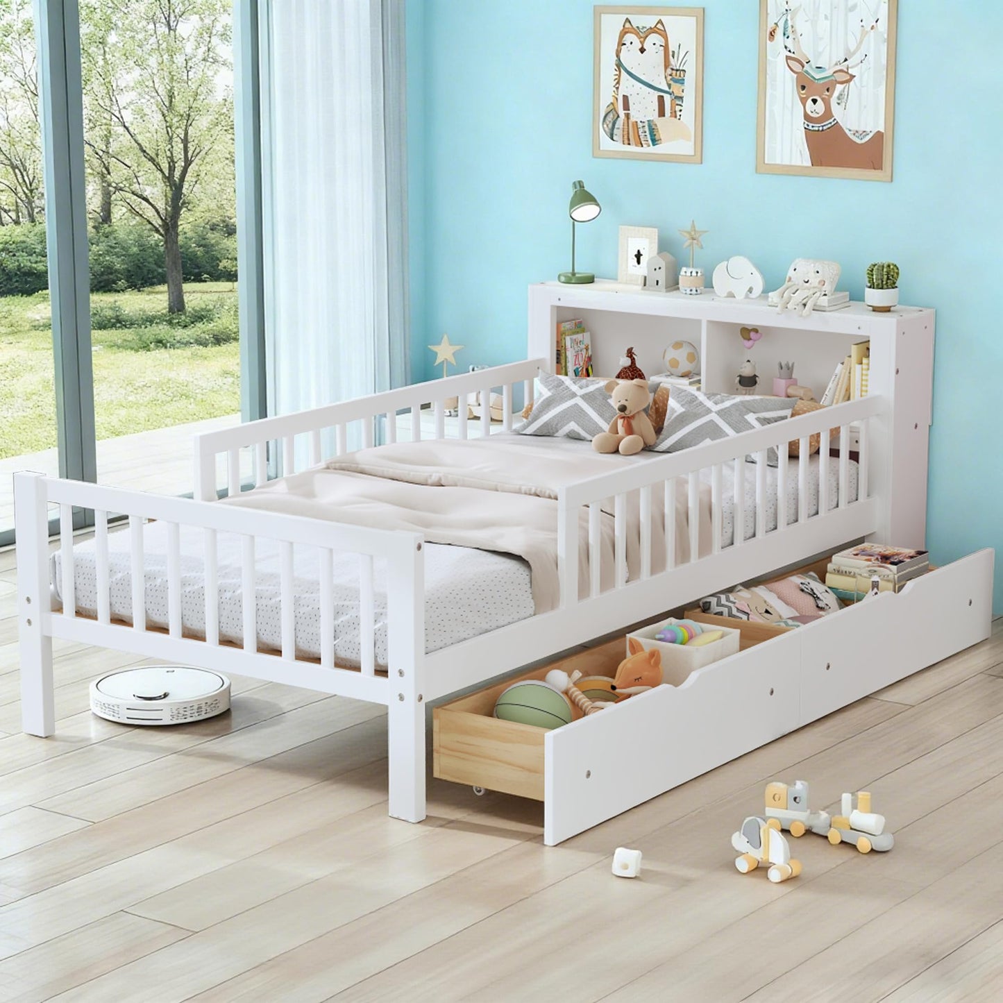 Bellemave Kids Twin Bed Frame with Fences, 2 Drawers & Storage Headboard, Twin Size Platform Bed with 3-Side Guardrails for Kids, Girls & Boys, White
