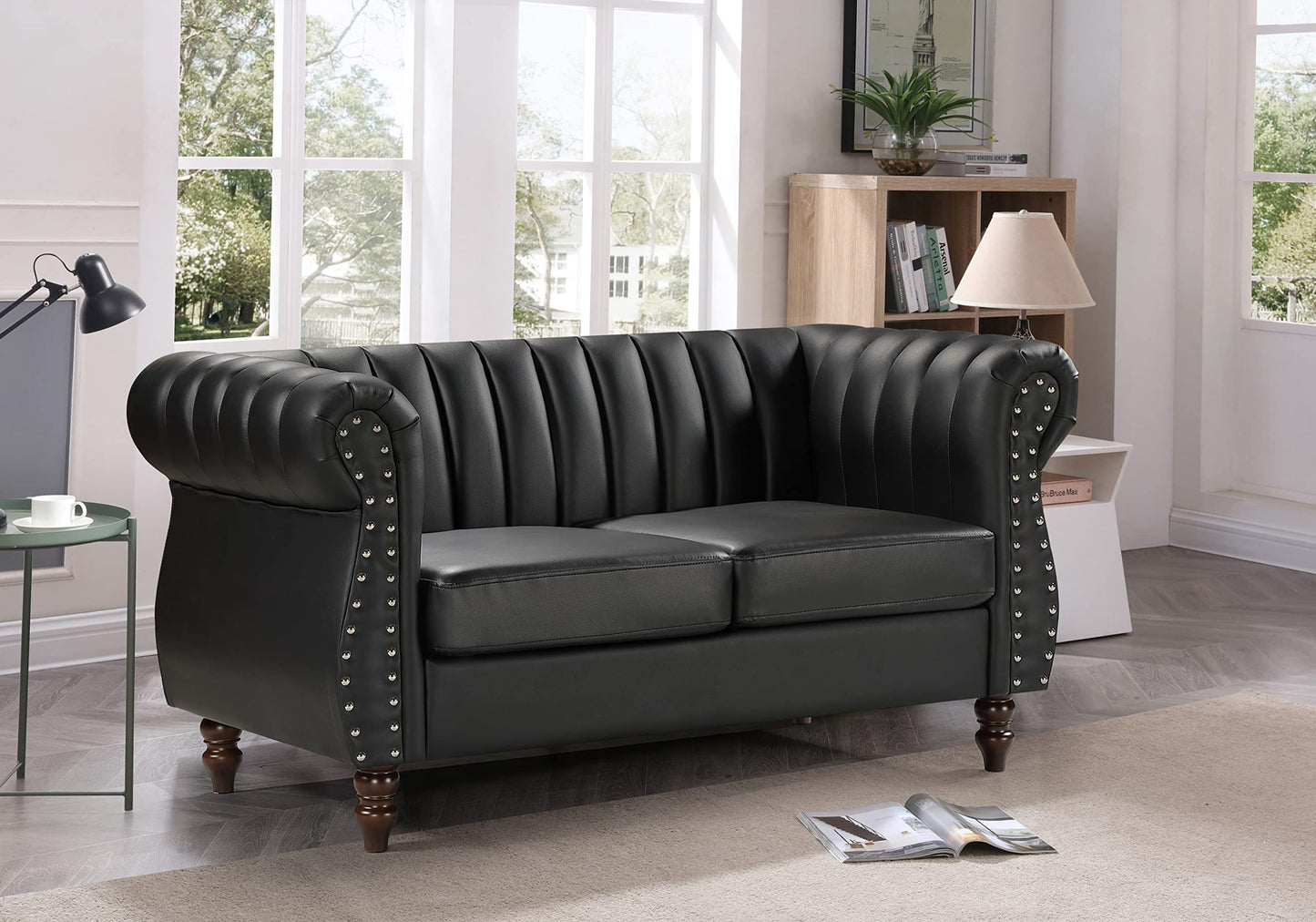 Container Furniture Direct Chesterfield-Inspired 60" Faux Leather Loveseat, 2 Seater Living Room Couch with Elegant Design, Gourd Legs, and Sustainable Pleather Upholstery, Black