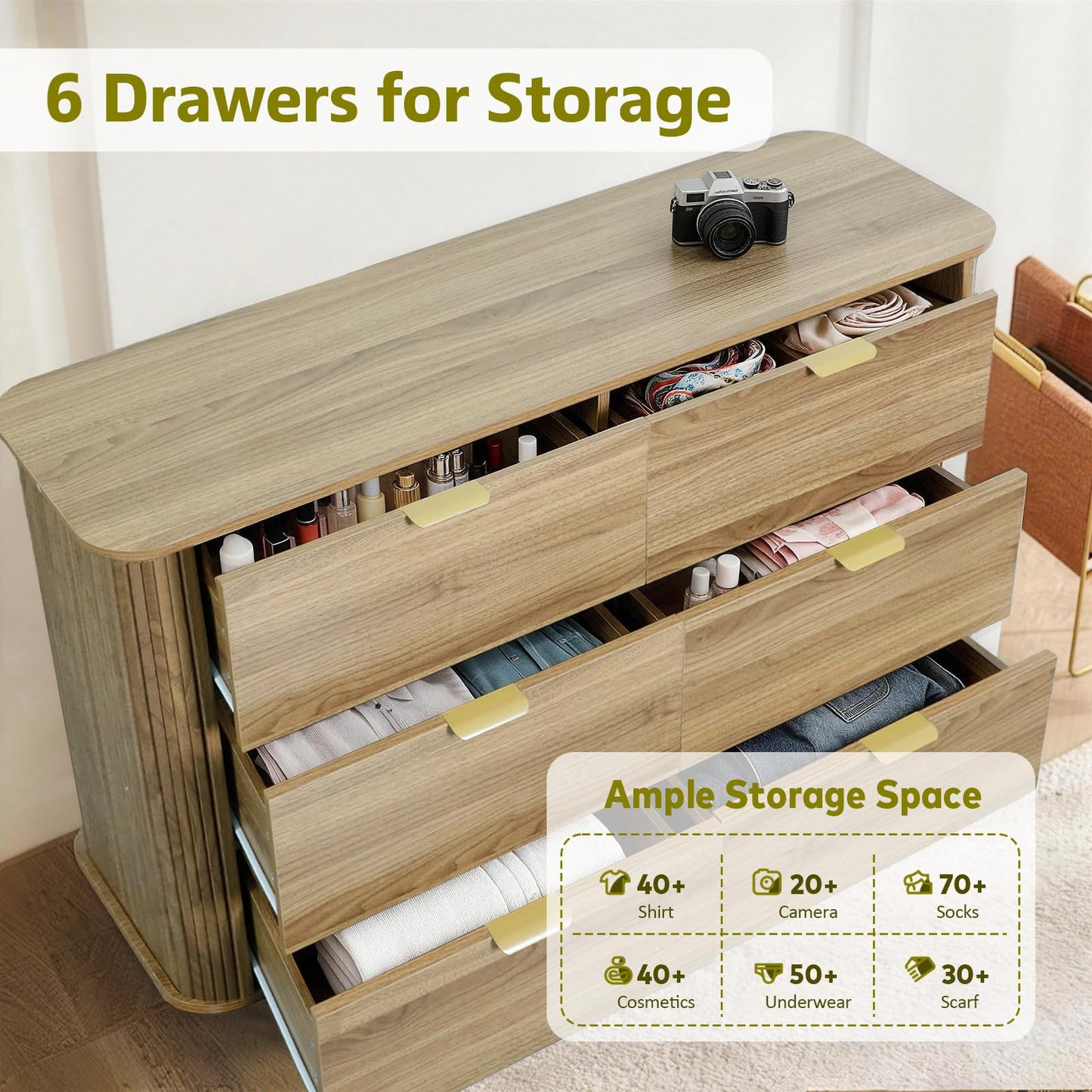 SOARMOTE 3-Piece Bedroom Furniture Set, Modern Fluted 6 Drawer Dresser & 2-Drawer Nightstands,Mid-Century Wood Storage Cabinet Set n for Bedroom, Hallway (Walnut)