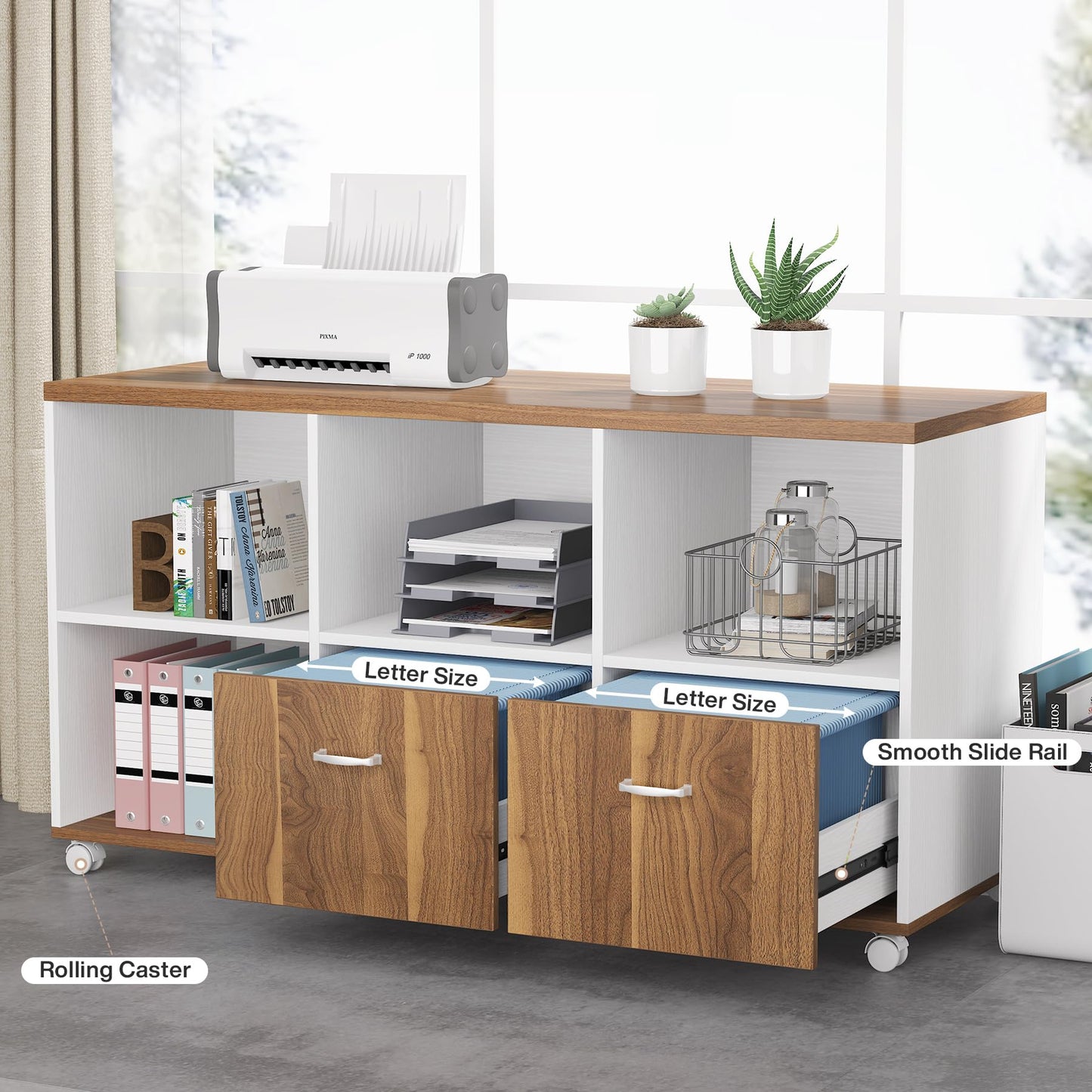 Tribesigns 63 inches Executive Desk and 47" lateral File Cabinet, L-Shaped Computer Desk Home Office Furniture Set with Drawers and Storage Shelves, Office Table with Cabinet (Walnut+White, 63)