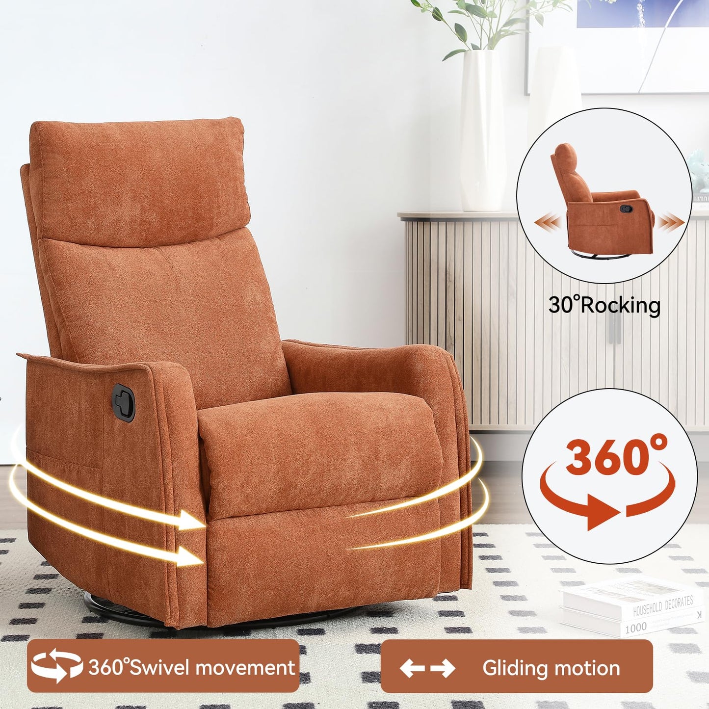 KEIKI Heat Massage Manual Recliner Chair with Rocker and Swivel, 360° Swivel 8-Point Massage Heat Polyester Rocker for Home Theater Gaming Entertainment Living Space, Vibrant Modern Orange