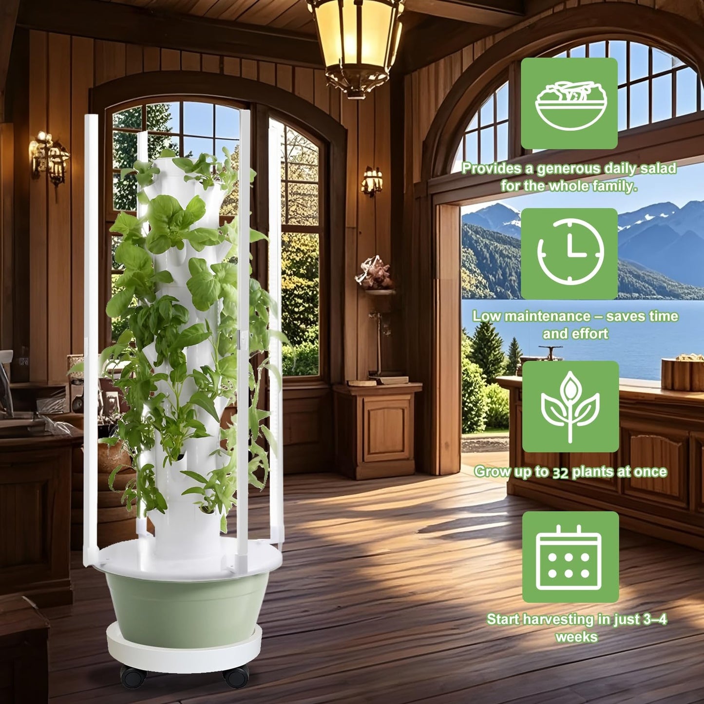 Hydroponic Growing Tower with LED Lights, 8-Layer 32 Large Planting Sites, Automatic Watering System with Dual Timer, Indoor Vertical Garden for Tomatoes, Peppers, Cucumbers, Herbs and Vegetables