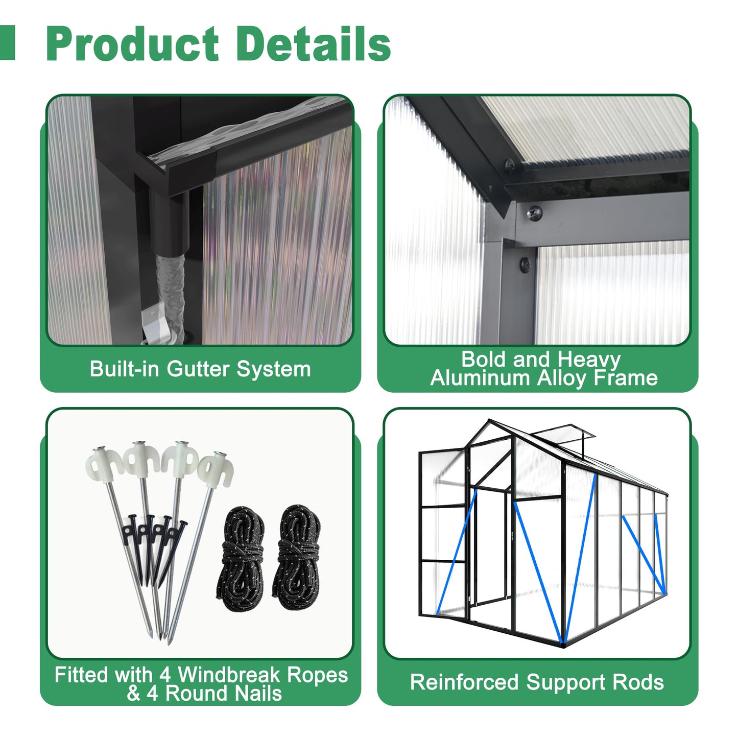 6x14FT Polycarbonate Greenhouse Kit, Aluminum Frame Walk in Garden Greenhouse with Vent Windows & Rain Gutter, UV Resistant Plant Nursery House for Backyard Patio Plant Growing Shelter Large