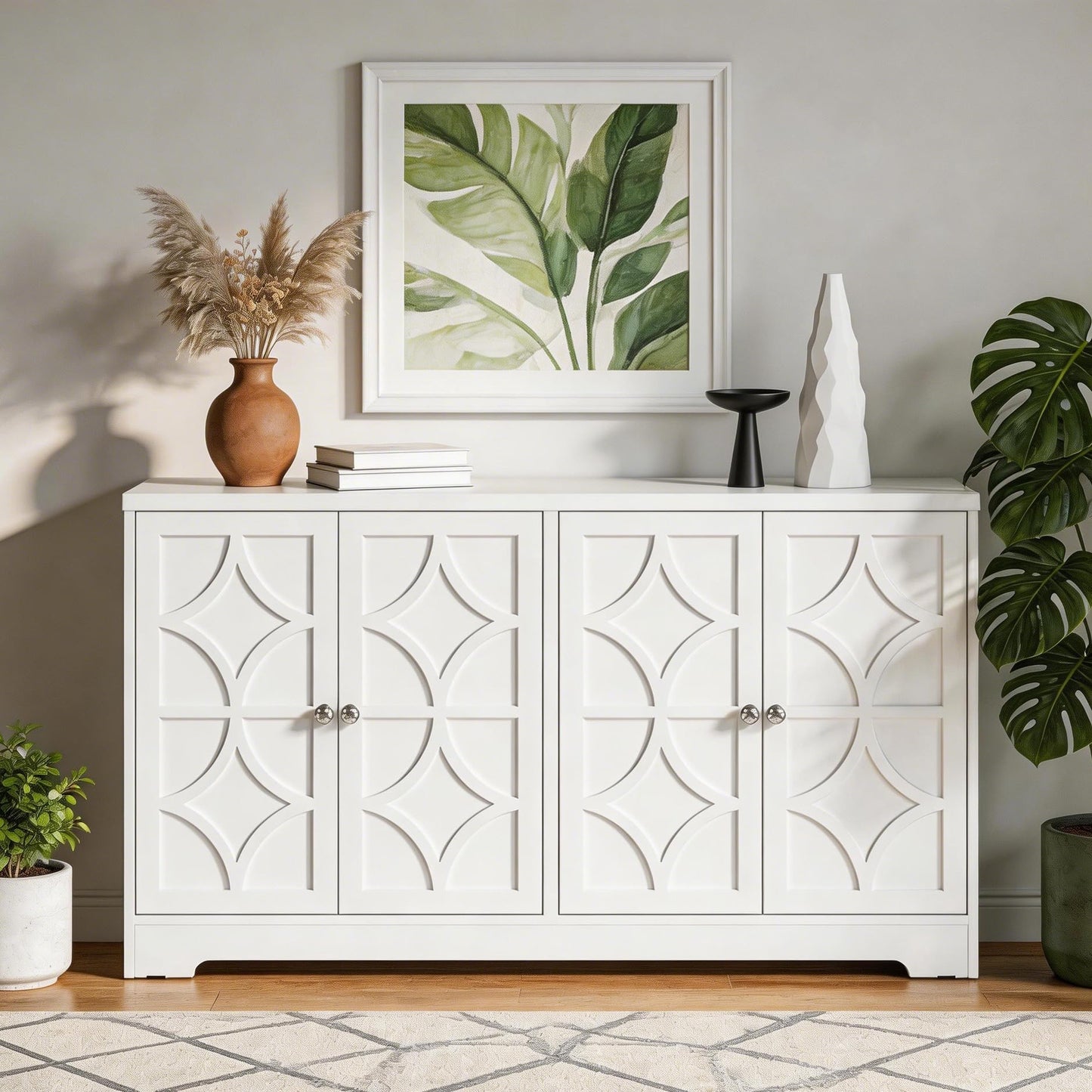 RoyalCraft Sideboard Buffet Cabinet with Storage, 56" Modern Sideboard with 4 Carved Doors, Large Wood Coffee Bar Console Table for Kitchen, Dining Room, Entryway, Living Room, Satin White