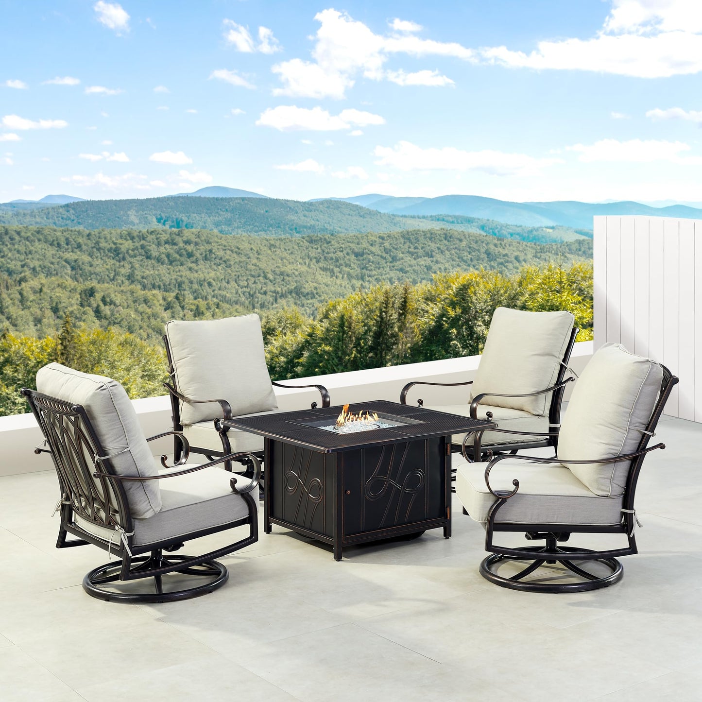 Oakland Living Black Aluminum Patio Fire Table Set with Four Club Chairs, Cushions and Wind Blocker