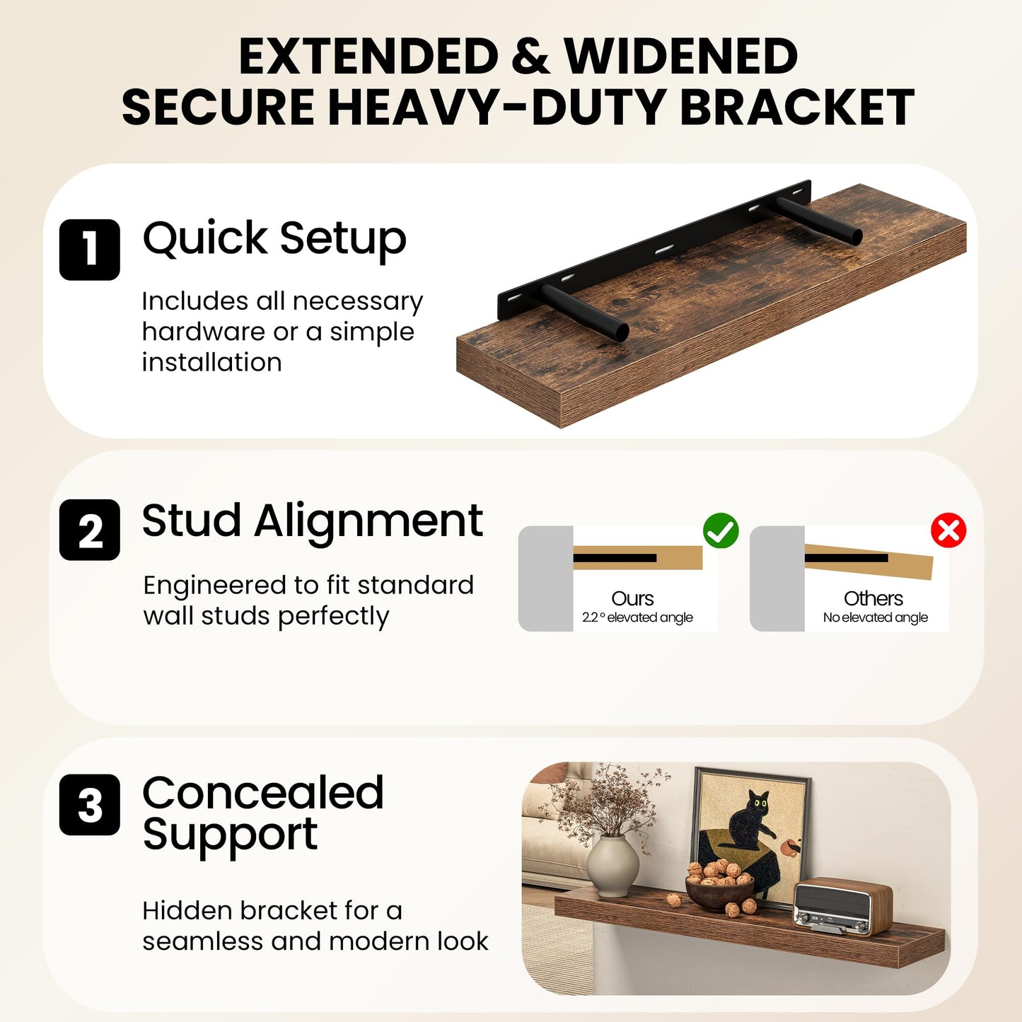 Fun Memories Floating Shelves for Wall, 72 Inch Long Set of 2 Rustic Wood Wall Shelves with Invisible Brackets, Heavy Duty Storage Display for Living Room Bedroom Kitchen, Brown