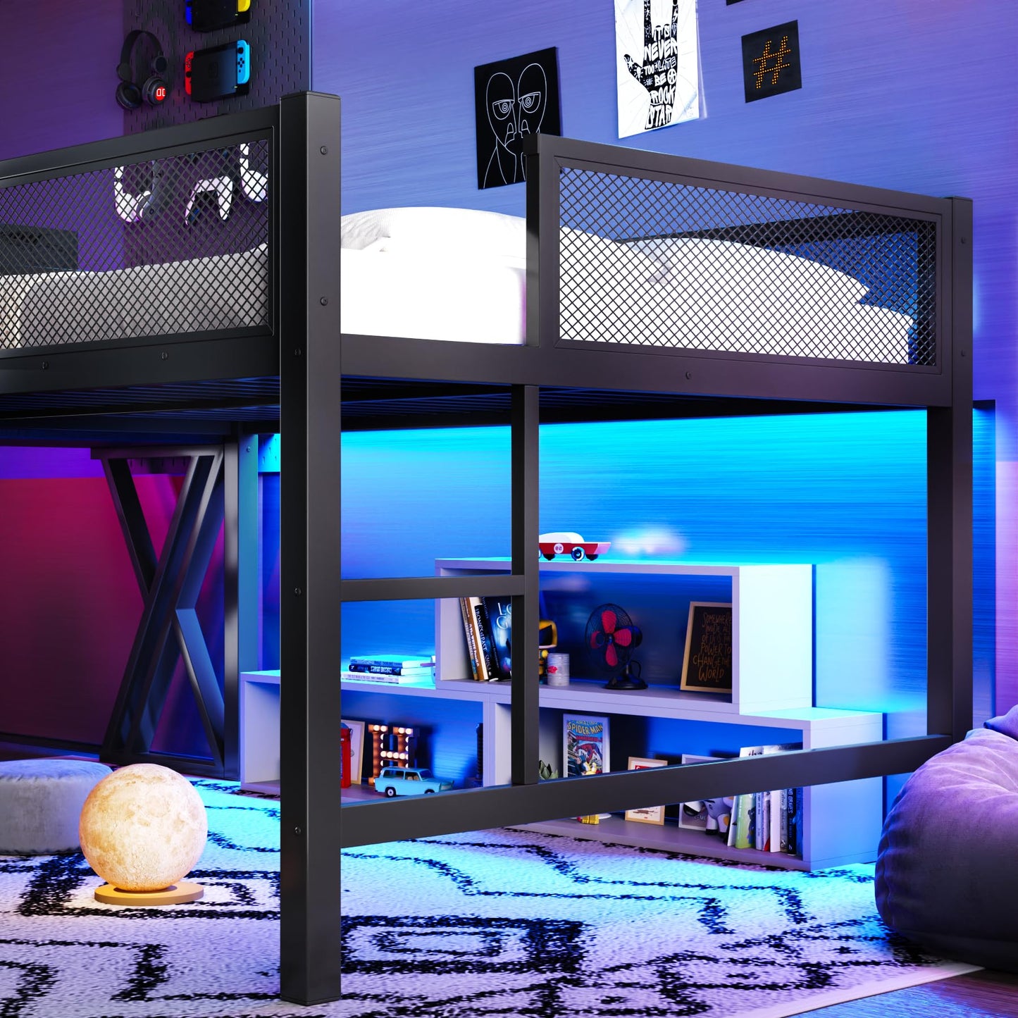 Bellemave Metal Full Low Loft Bed with Desk, LED Lights & Charging Station, Gaming Loft Bed Frame for Boys, Girls & Teens, Space-Saving Kids Full Loft Bed, Black