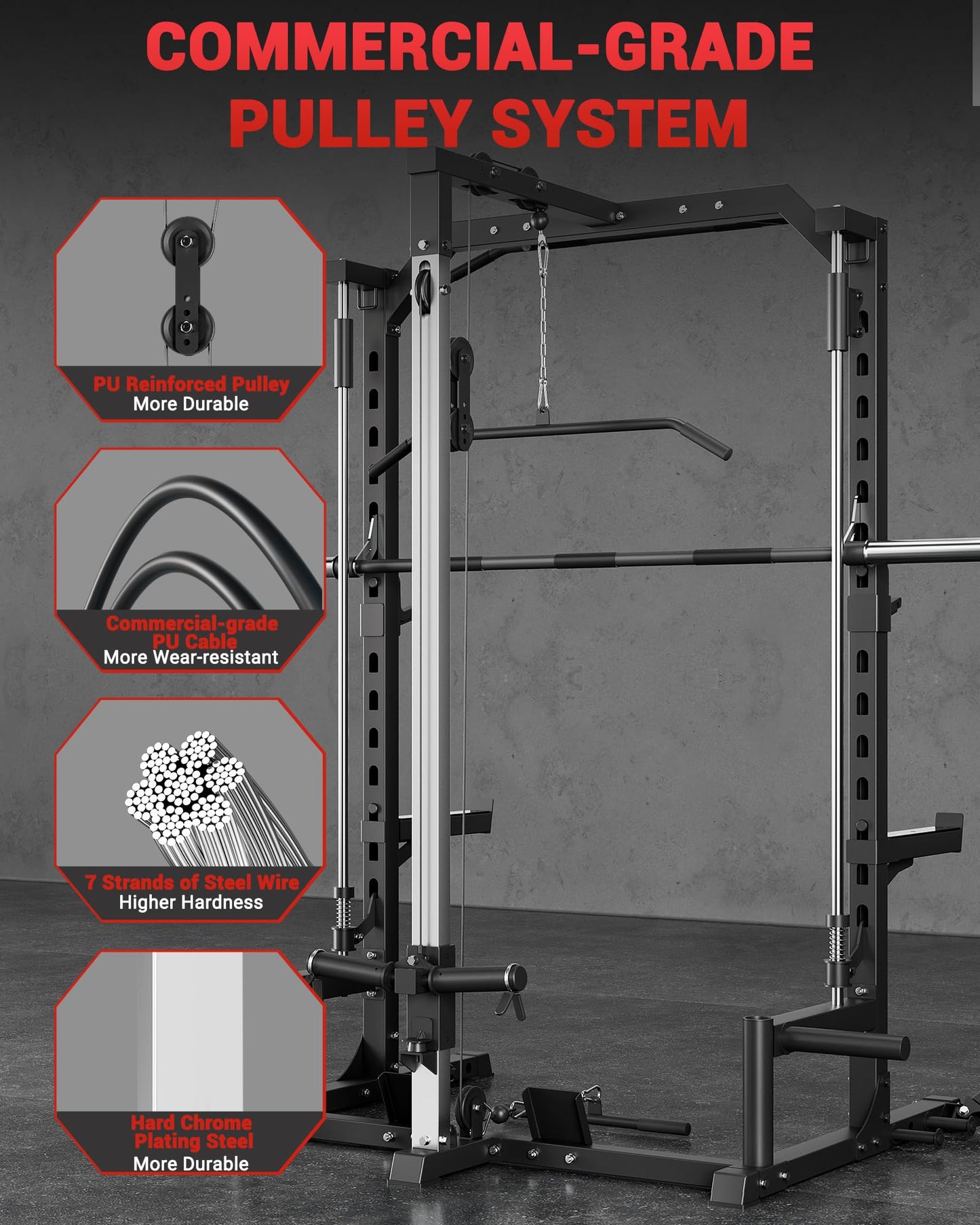 GarveeLife Smith Machine Home Gym with Barbell Bar, Cable System, LAT Pulldown Attachments, Safety Spotter Arms, J Hooks, Landmine, Multi-Functional Squat Rack for Full Body Strength Training
