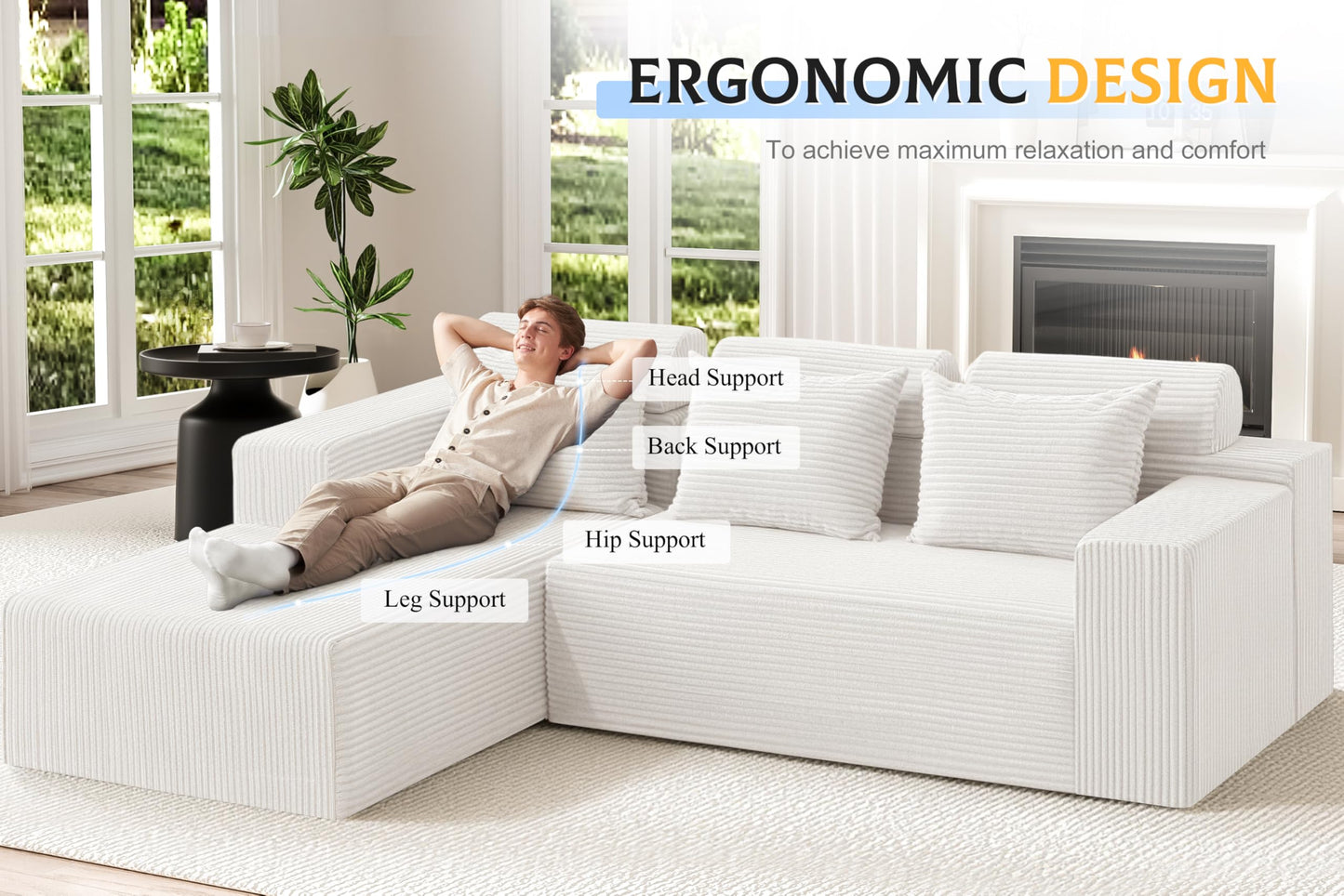 Homguava Modular Sectional Couches for Living Room,105" Cloud Couch with L-Shape Chaise,Comfy Sofa Living Room Sofas with Deep Seat,No Assembly L Couch,Corduroy Fabric(Beige,L)
