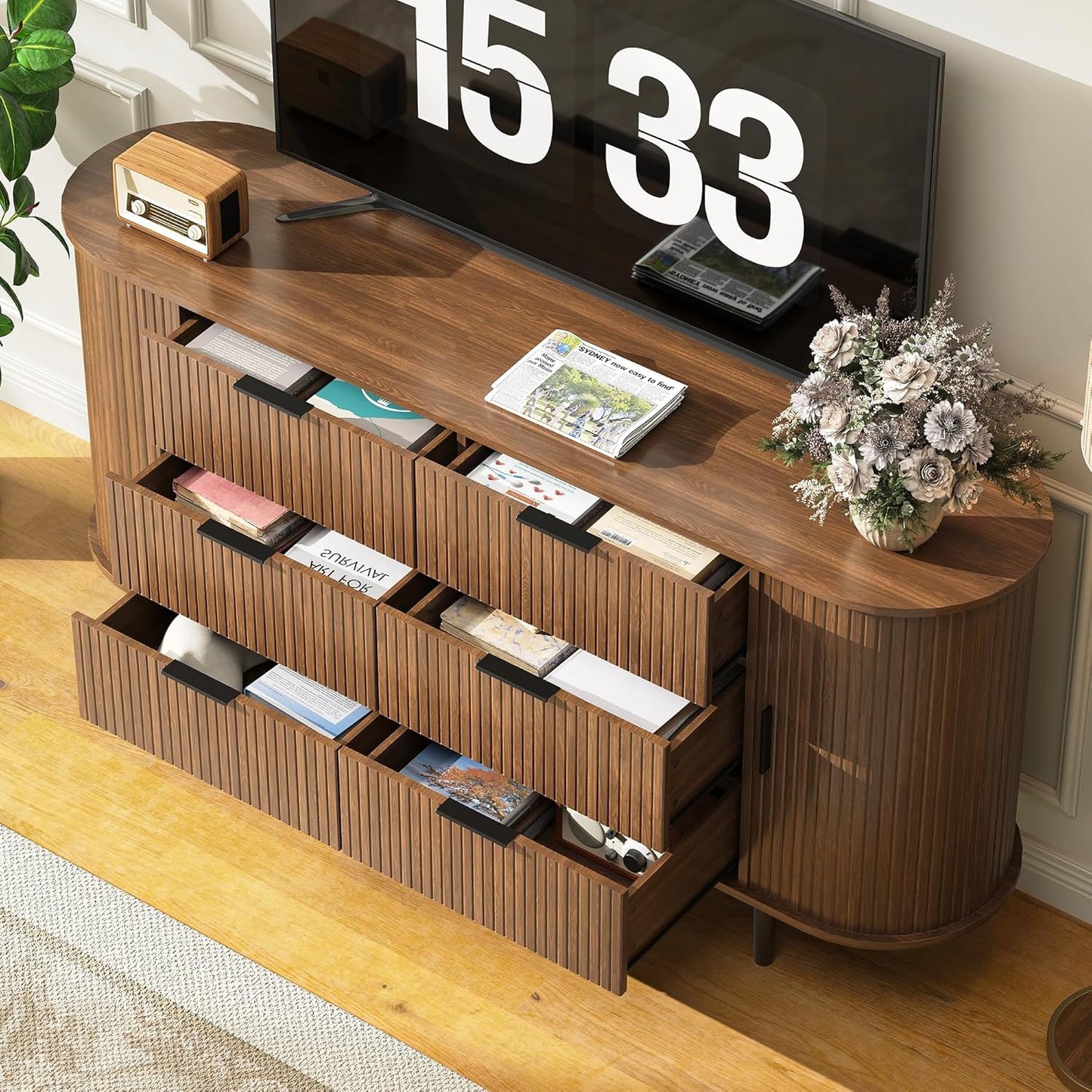 BVIUNTWO 63" Wide Fluted 6 Drawer Dresser for Bedroom, Modern Wood Chest of Drawers with Metal Handles, Curved Edge Design, Large Storage Credenza Cabinet for Living Room, Hallway, Brown