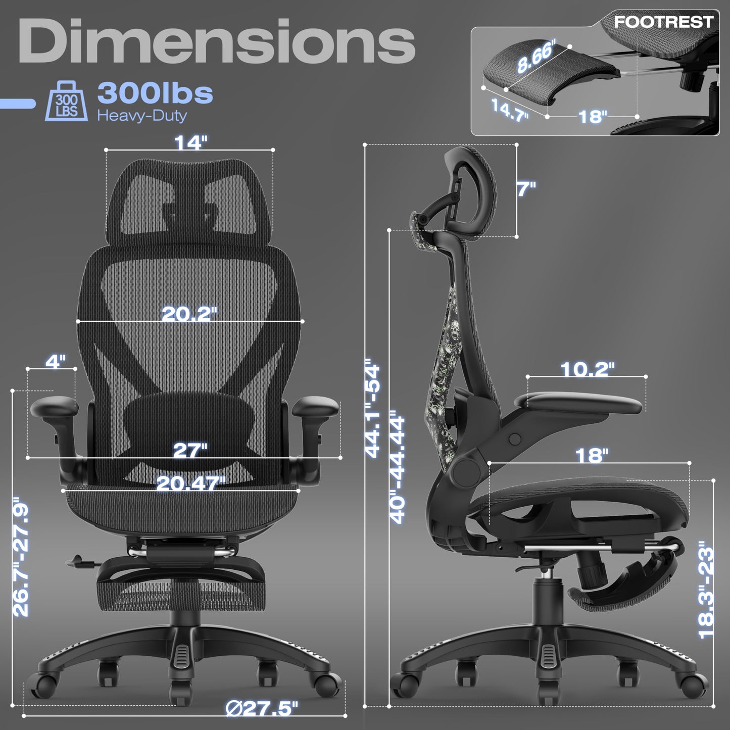 ELABEST X100 Ergonomic Mesh Office Chair with Footrest, Big and Tall Home Desk Chair with 5D Flip-Up Arms, Adjustable 3D Lumbar Support, Gaming & Executive Computer Chair, Night Reaper