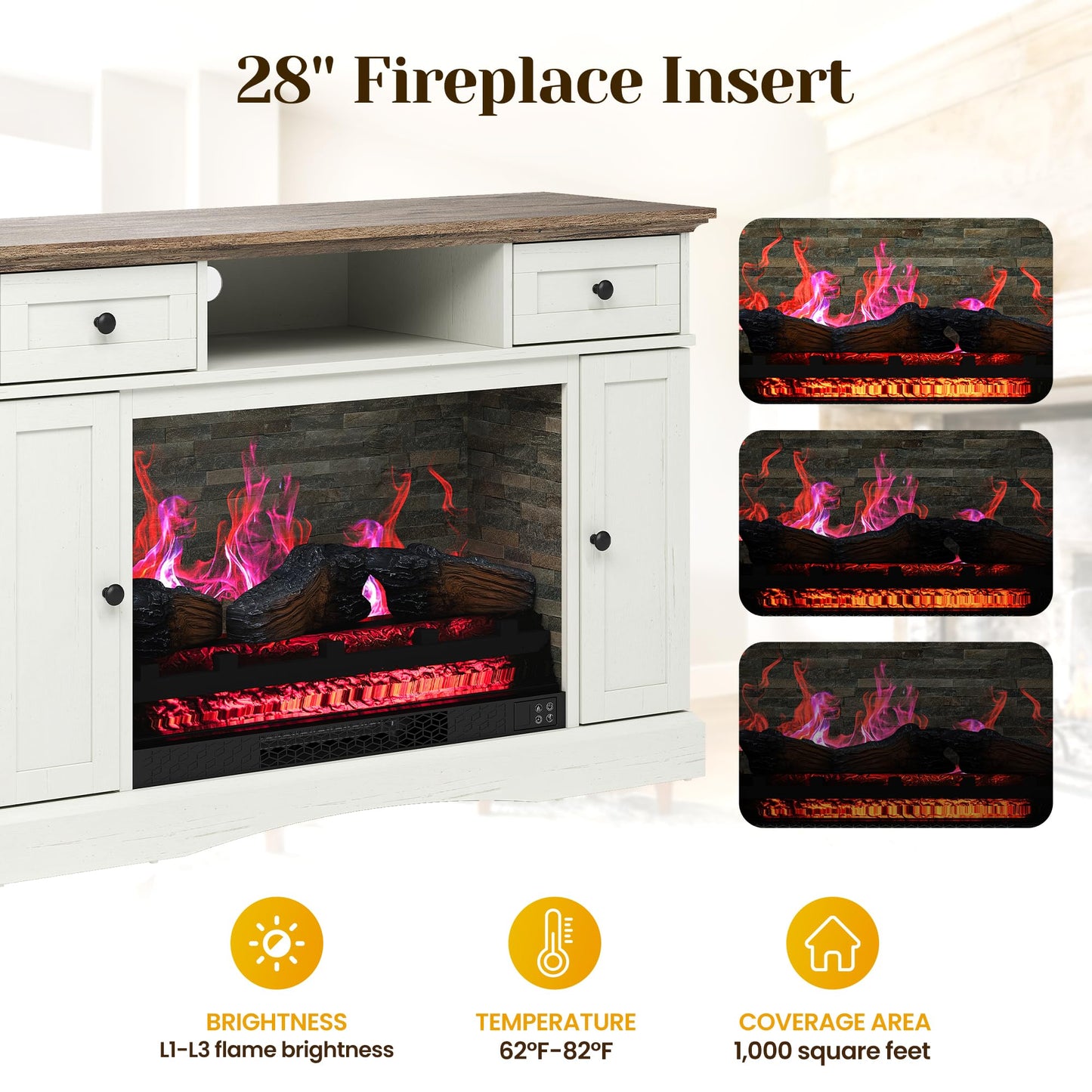FansaFurn TV Stands with 28'' Electric Fireplace, Media Console Table with Adjustable Shelves & Double-Door, Entertainment Center for TVs up to 55'' for Living Room, White and Rustic Oak