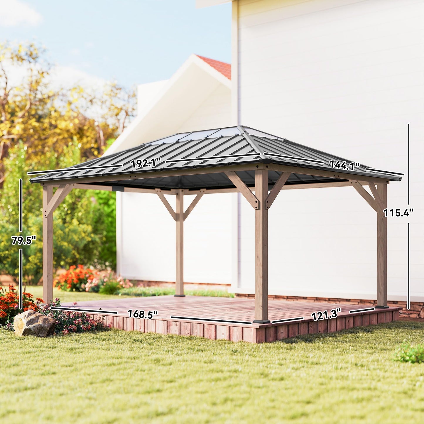 Outsunny 12' x 16' Hardtop Gazebo with Galvanized Steel Roof, Wood Permanent Pavilion Canopy Shelter with Clear Roof Top, UPF50+ Protection, Ceiling Hooks for Lawn, Backyard, Deck, Light Walnut