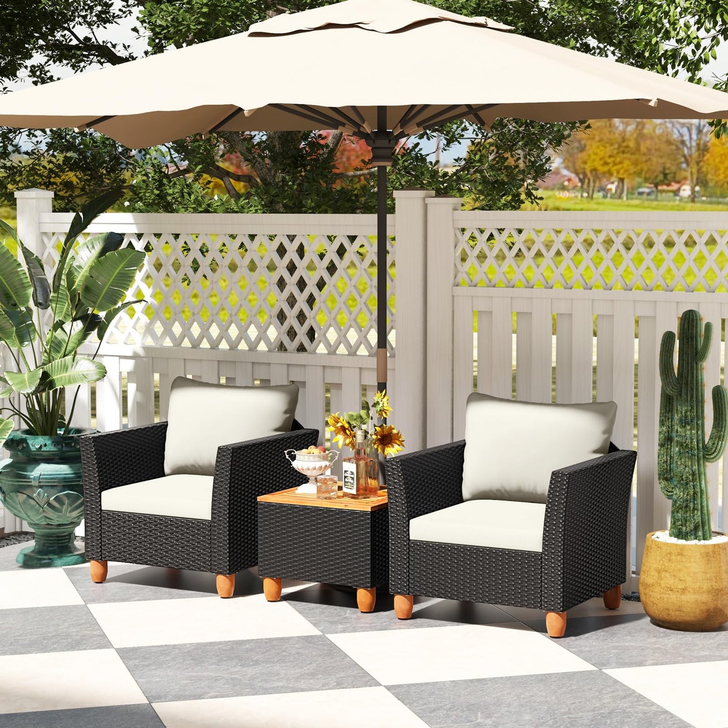 Tangkula 3 Pieces Patio Porch Furniture Set, PE Rattan Wicker Chair Conversation Set with Cushions and Storage Table, Outdoor Acacia Wood Bistro Set for Garden, Poolside (White)