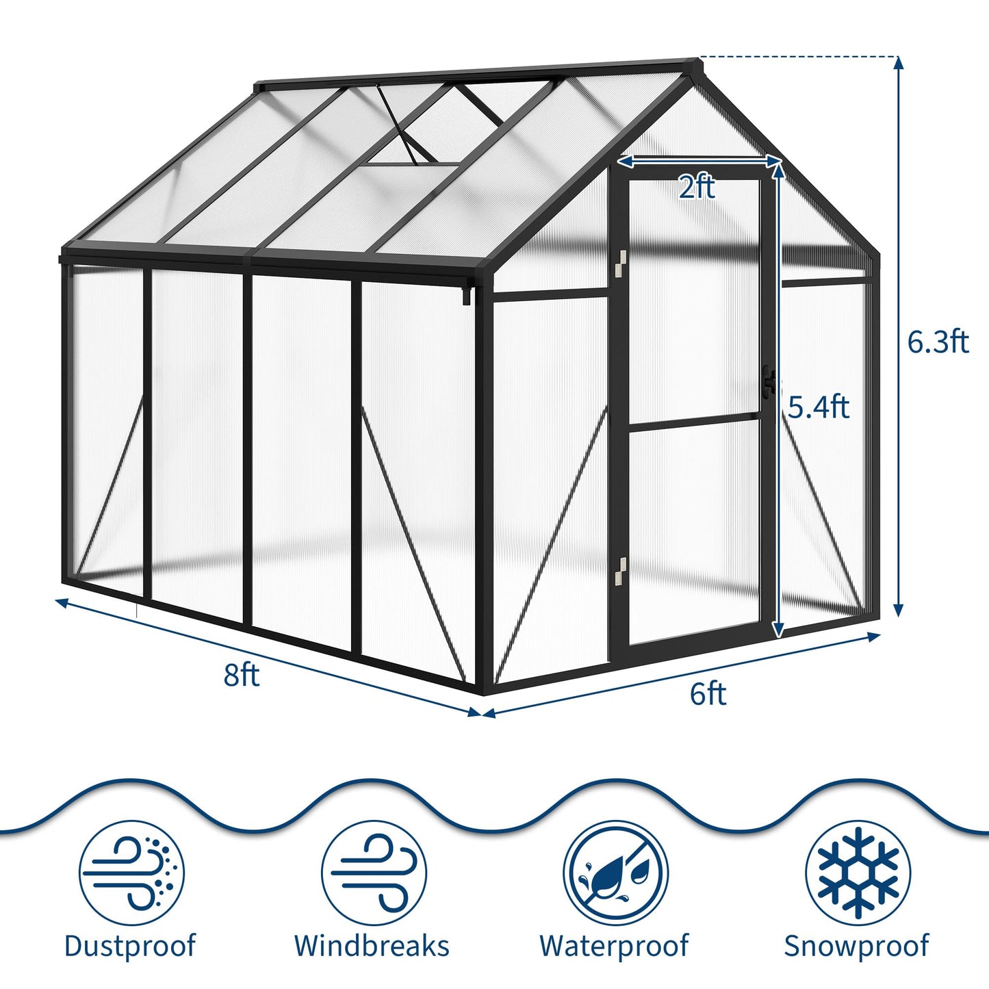 6x8 ft Walk-in Greenhouse, Polycarbonate Panels with Reinforced Aluminum Frame, Large Garden Green House for Planting and Seed Starting, Quick-Assembly Structure with Adjustable Roof Vent