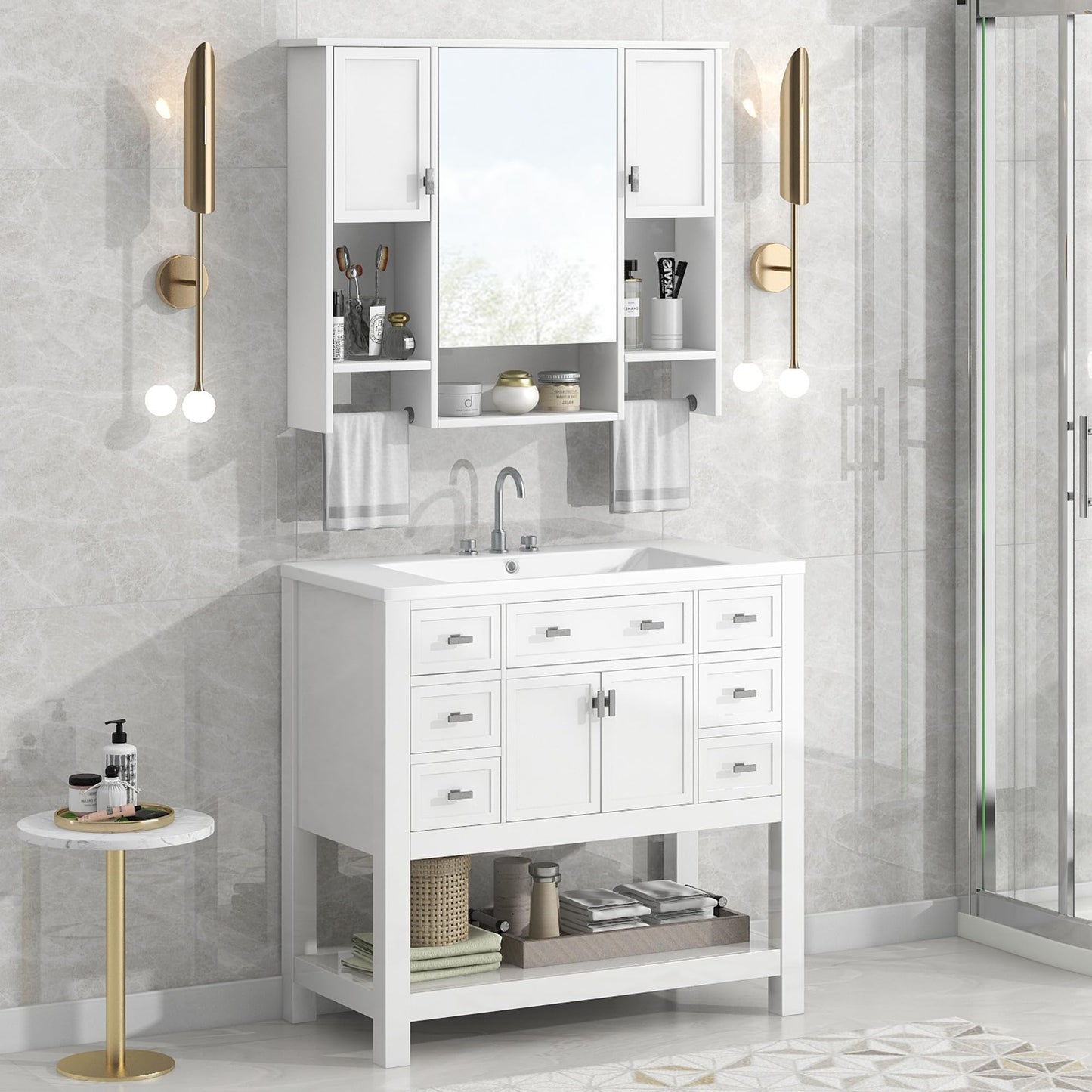 Merax Medicine Cabinet with Mirror, Wall Mount Bathroom Cabinet 35" x 28" Over Toilet Storage Cabinet Organizer with Doors, Open Shelves, and Towel Bars, Mirrored Bathroom Wall Cabinet