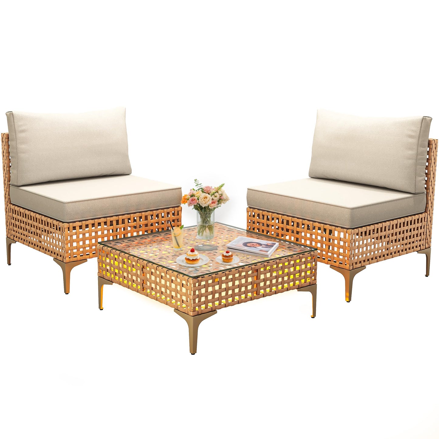 YITAHOME Wicker Patio Furniture Set 3 Pieces Outdoor Sectional Sofa with Solar Light Table Outdoor Couch with Waterproof Cushions All-Weather Rattan Patio Conversation Set for Indoor/Outdoor