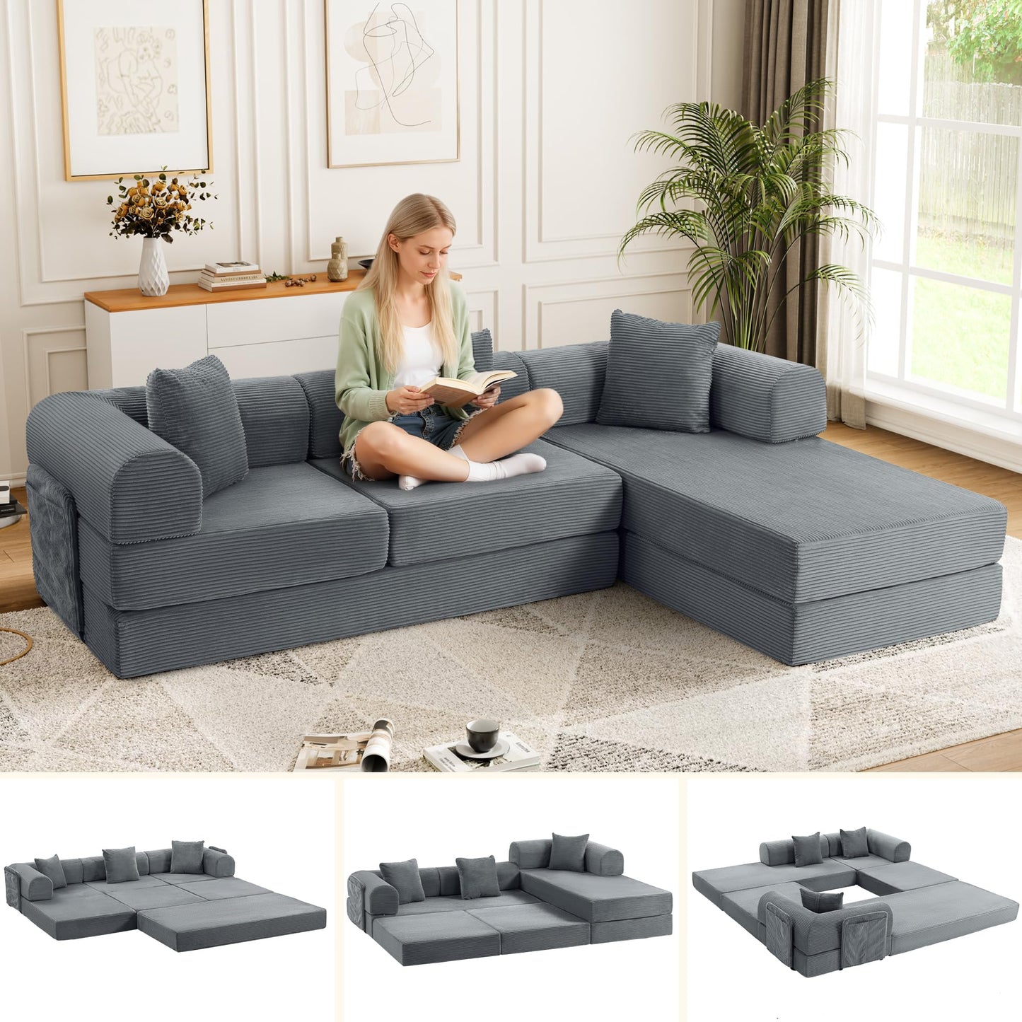 Topcomfy 106.3" Modular Sectional Sleeper Sofa with Metal Frame Support, Convertible 4-Seater L-Shaped Cloud Couch for Living Room, Corduroy Memory Foam Pit Sofa, Gray