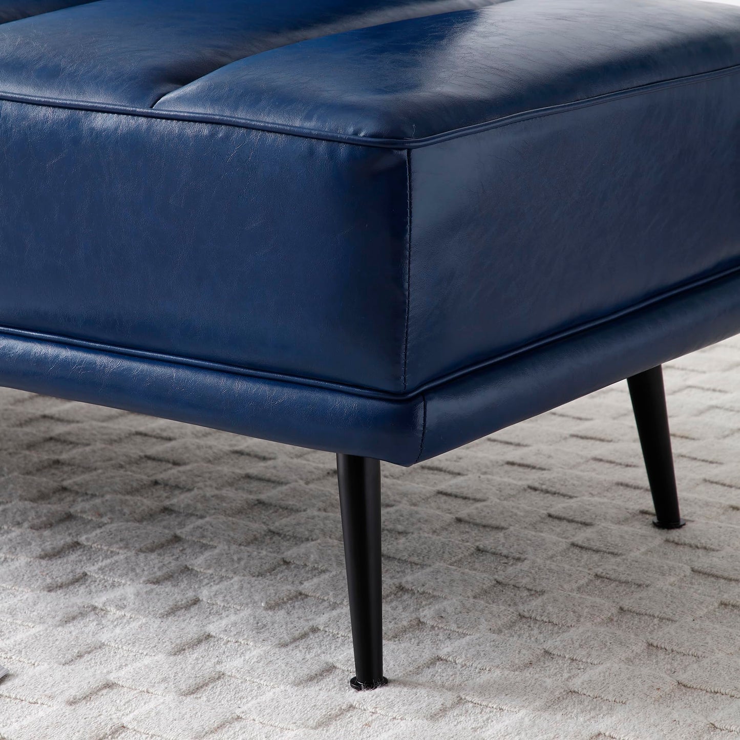 KEIKI Upholstered End of Bed Bench with Side Table & 360° Rotatable Phone Stand, Faux Leather Chaise Lounge Couch for Bedroom or Entryway Seating, Blue