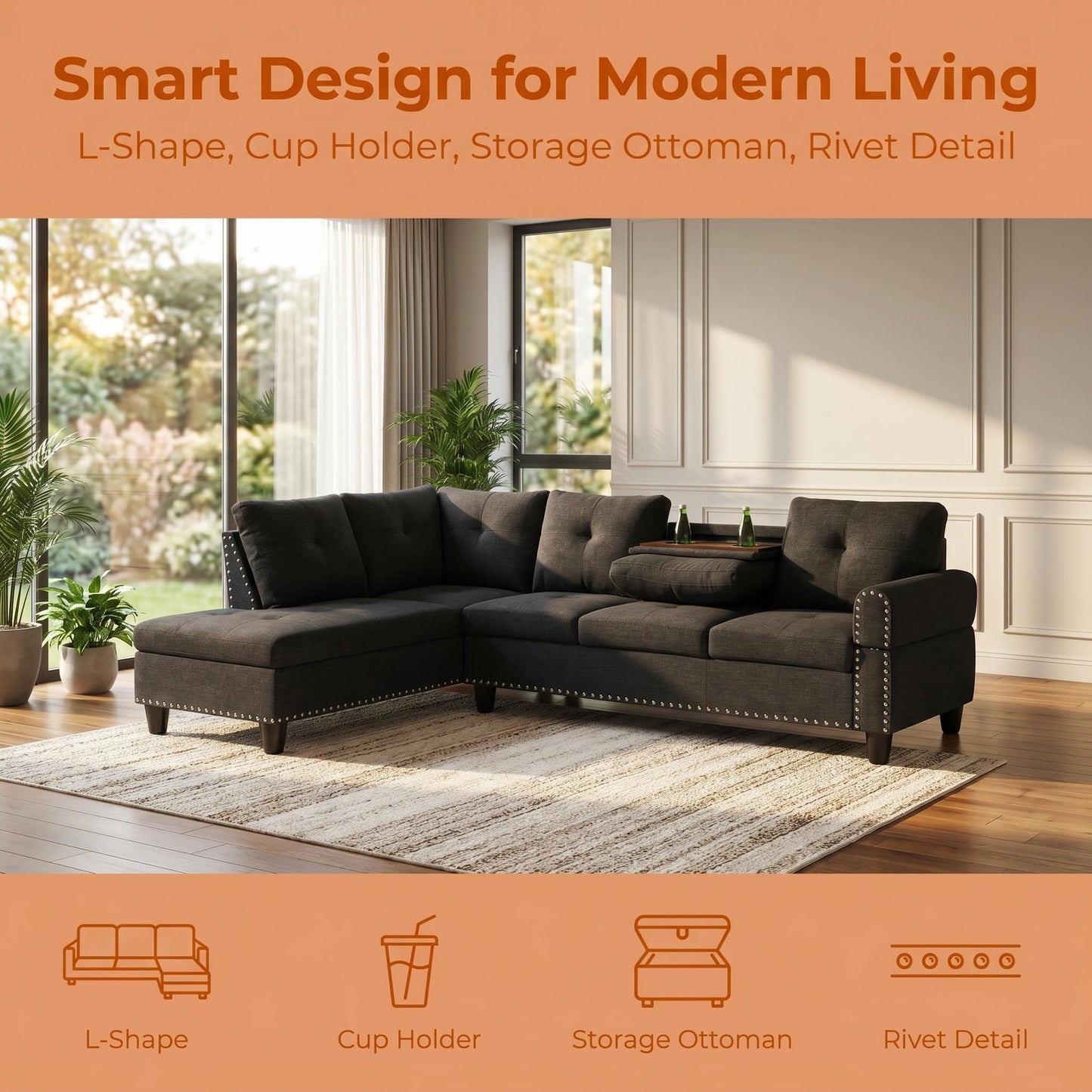 Trygoal L-Shaped Sectional Sofa, Modern 4-Seat Couch with Built-in Cup Holders, Upholstered Fabric Sectional Couch with Right Facing Chaise for Living Room, Apartment, Office, Black Gray