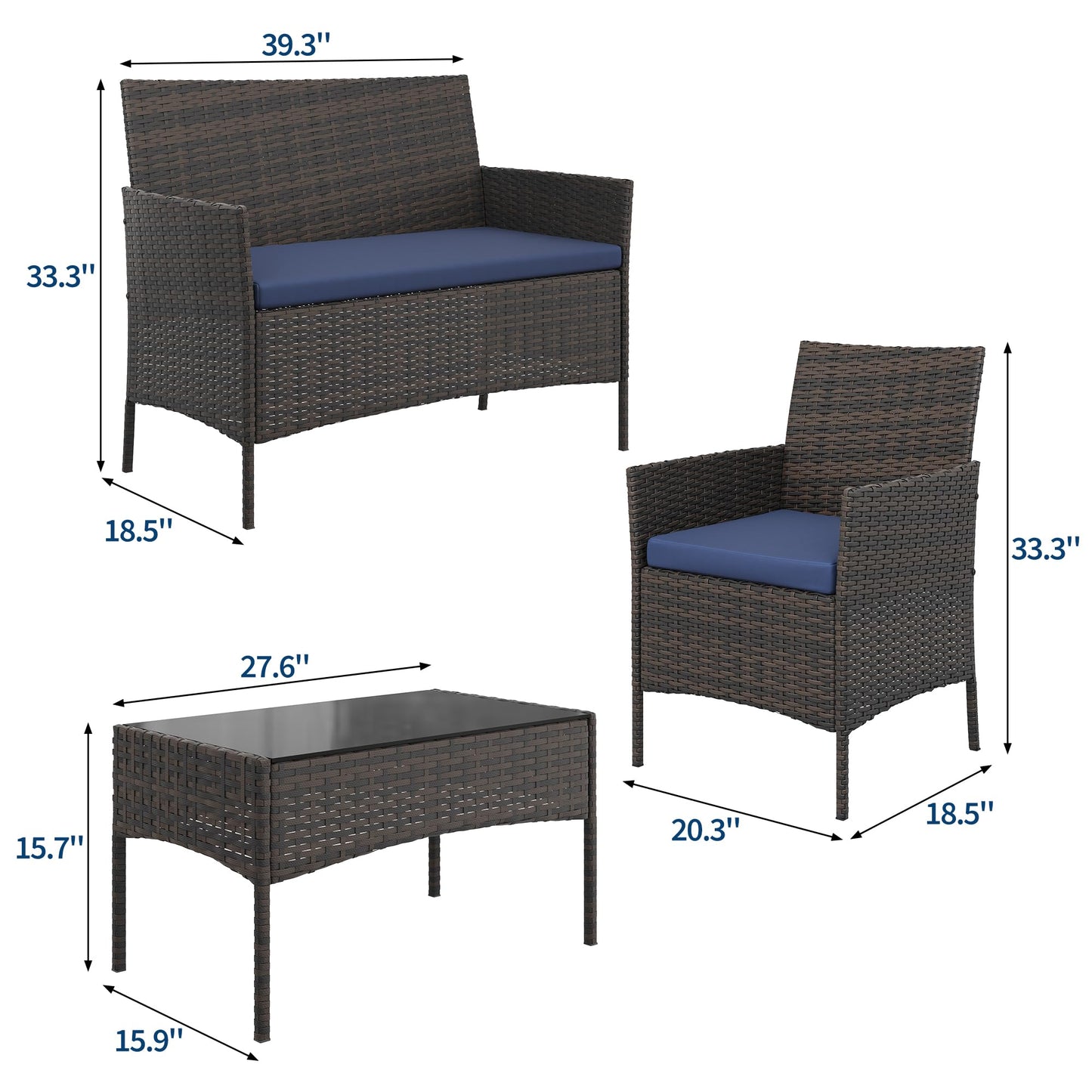 GAOMON 4-Piece Patio Furniture Set, Modern PE Rattan Conversation Set with 2 Chairs, Loveseat & Tempered Glass Coffee Table, All-Weather Outdoor Seating for Garden, Porch, Balcony, Poolside
