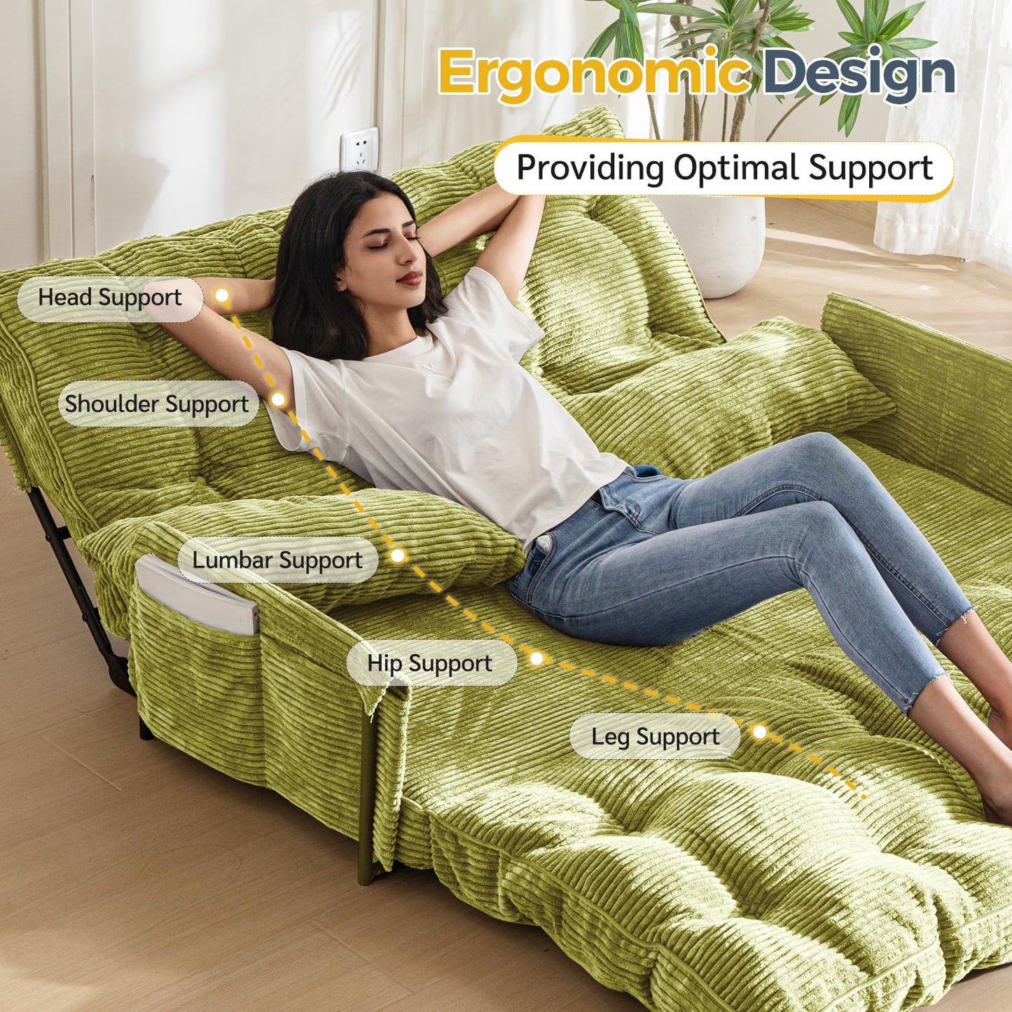 MAXYOYO Adjustable Floor Sofa Couch with 2 Pillows, Multi-Functional Bean Bag Bed, 5-Position Foldable Lazy Sofa Bed with Armrest, Versatile Floor Seating for Reading, Green, Double