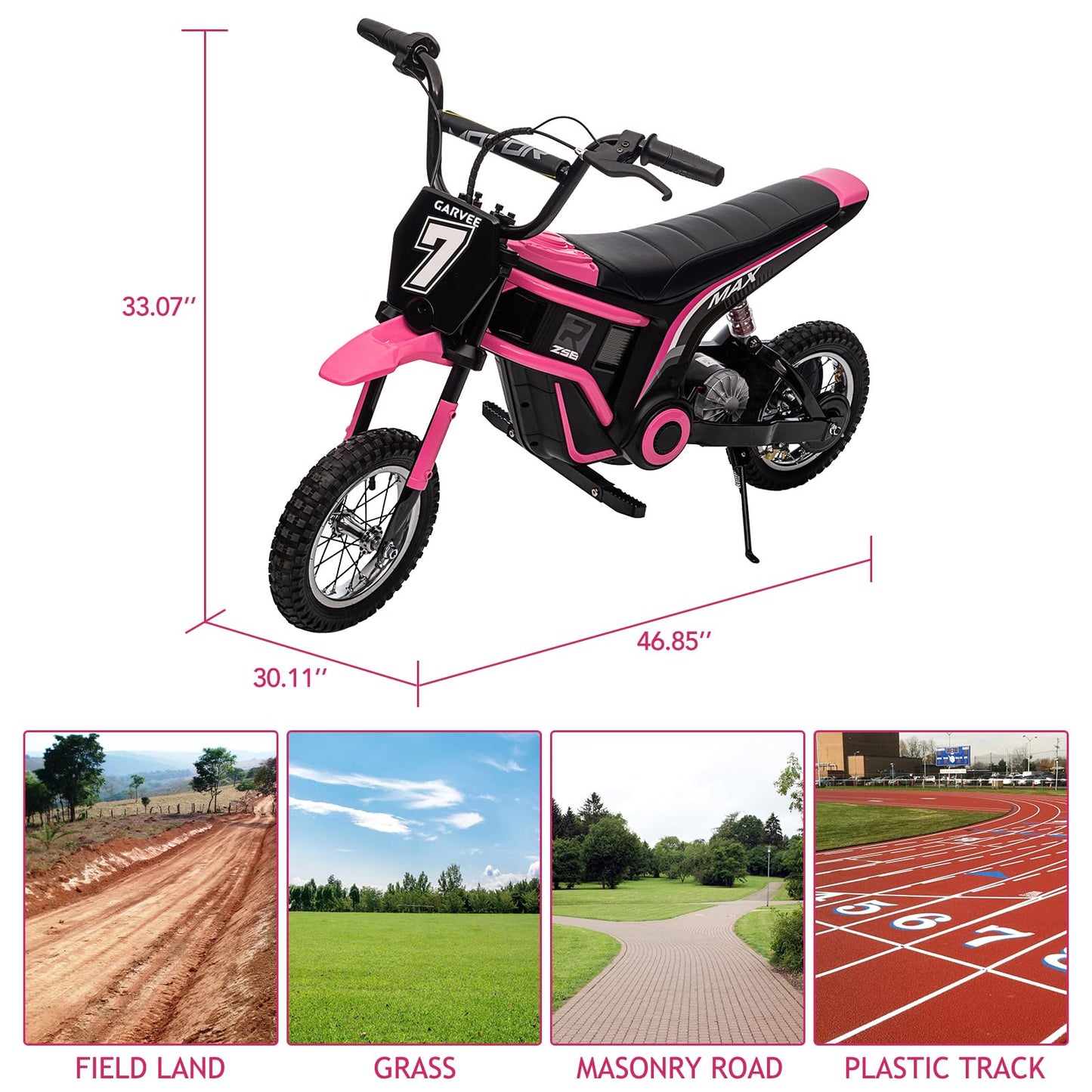 Garvee 24V 350W Kids Electric Dirt Bike - 3-Speed Off-Road Motorcycle, Rear-Wheel Drive, Up to 14.29 MPH, Shock-Absorbing Suspension, Battery Powered Ride-On Toy for Boys & Girls Ages 5-17 - Pink 7
