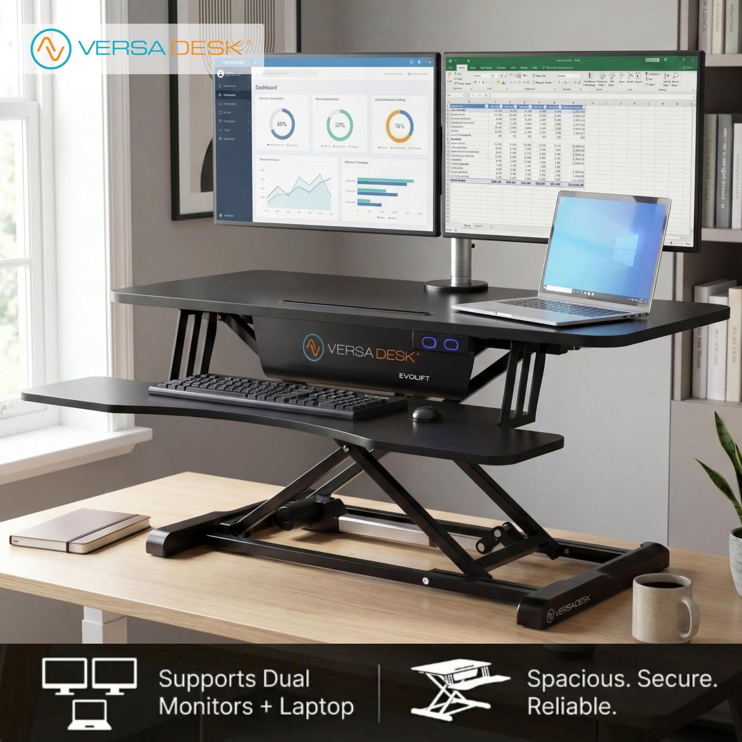 VERSADESK EvoLift 40" Electric Standing Desk Converter, Sit to Stand Motorized Desk Riser, 1-Button Easy Lift, Dual Monitor Workstation, Wide Keyboard Tray, Built-in Device Stand, Black