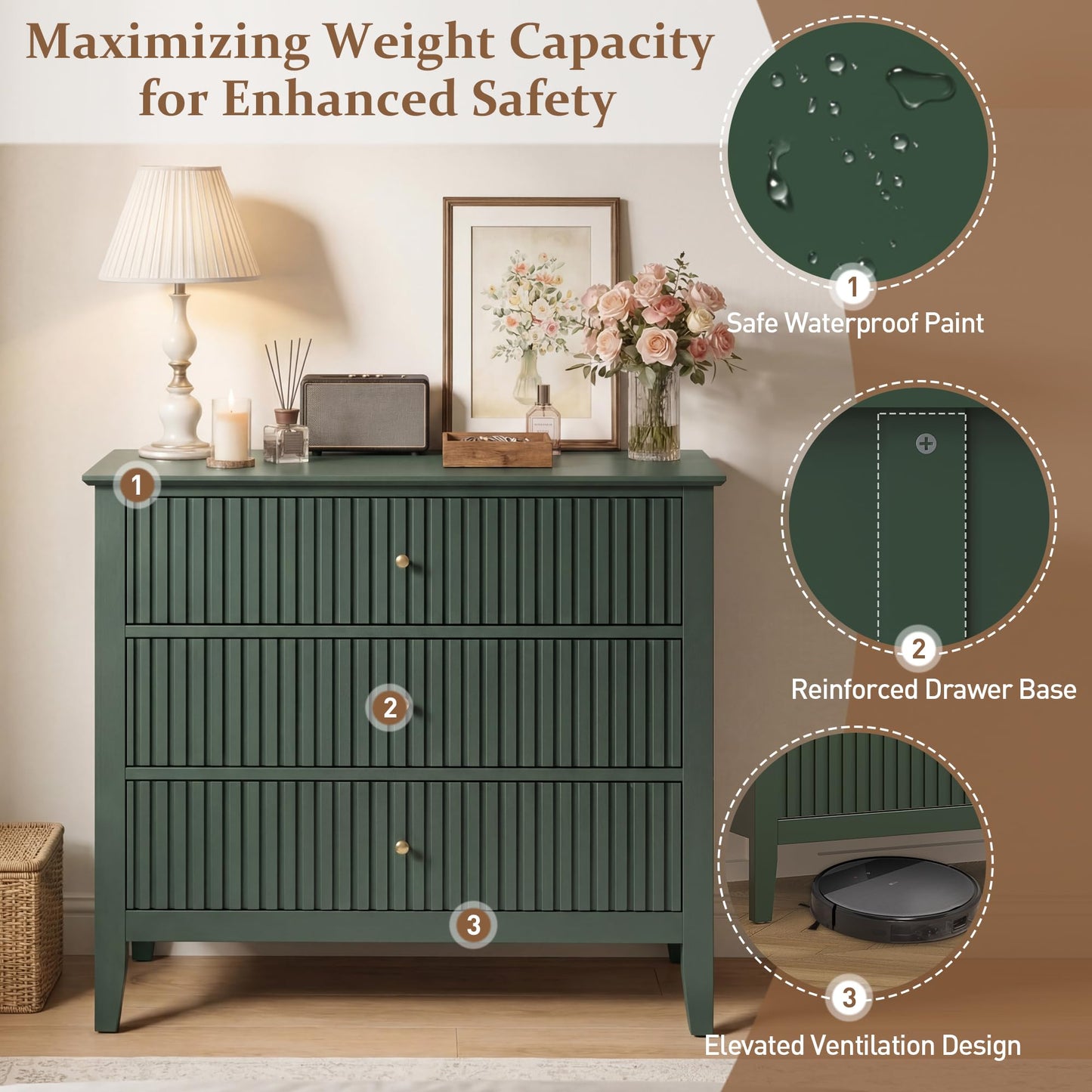 RoyalCraft 32" Large Nightstand Set of 2, Fluted Painted Bedside Table with 3 Spacious Drawers, Modern Tall End Table for Bedroom, Dark Green