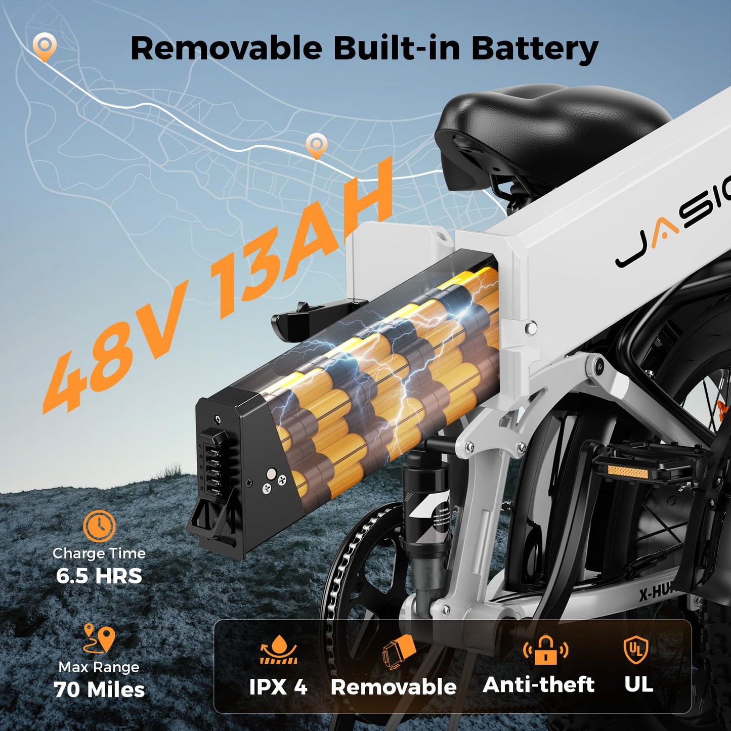Jasion X-Hunter Foldable Electric Bike, 70+Miles 30MPH Max Speed, 1400W Peak Motor, 624WH Removable Battery, 20″*4 Fat Tire Bicycle for Adult, Full Suspension & 7-Speed EBike for Commute,Snow,Mountain