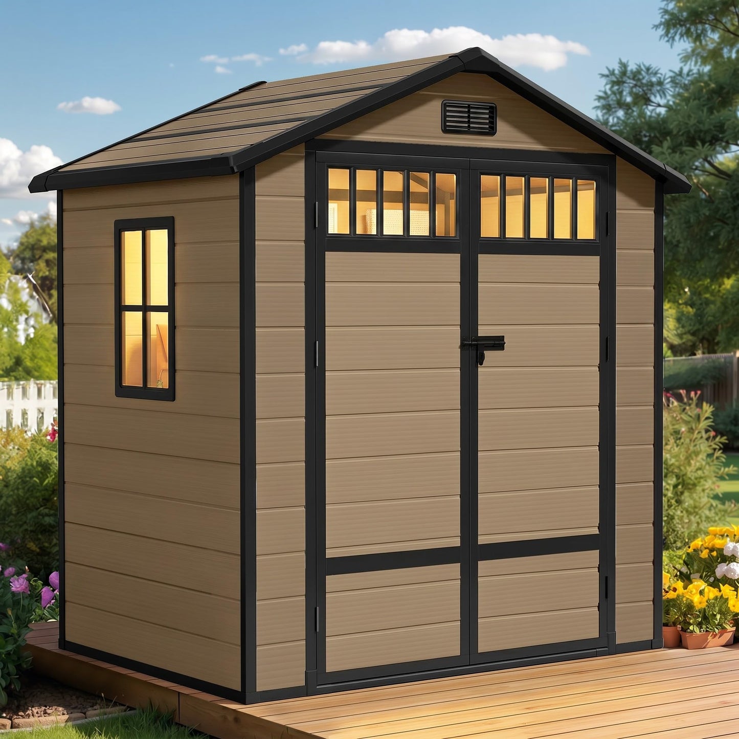 DWVO Outdoor Storage Shed, All-Weather Resin Plastic Storage Shed with Windows, Slanted Roof, Raised Floor, Capacity for Garden Tools/Equipment, Ideal for Backyard Garden