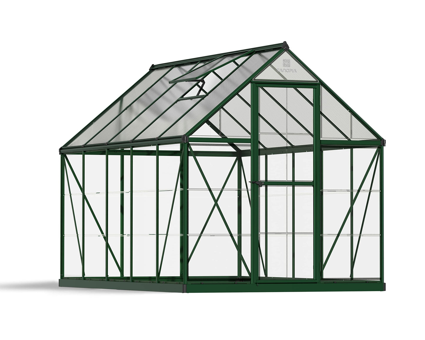Palram - Canopia 6x10 Greenhouse for Outdoors, Walk-In UV Polycarbonate Panels Heavy Duty Aluminum Frame, Lockable Door, Adjustable Roof Vent, Rain Gutters, Galvanized Steel Base, Hybrid (Green)