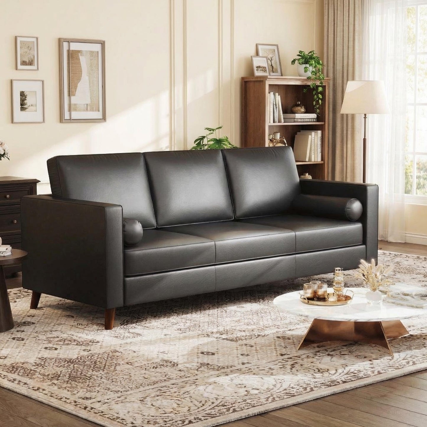 GarveeLife 86" Mid Century Modern PU Leather Sofa, 3 Seater Couch with Deep Seat & Cushions, Faux Leather Living Room Sofa for Apartment, Bedroom, Office, Black