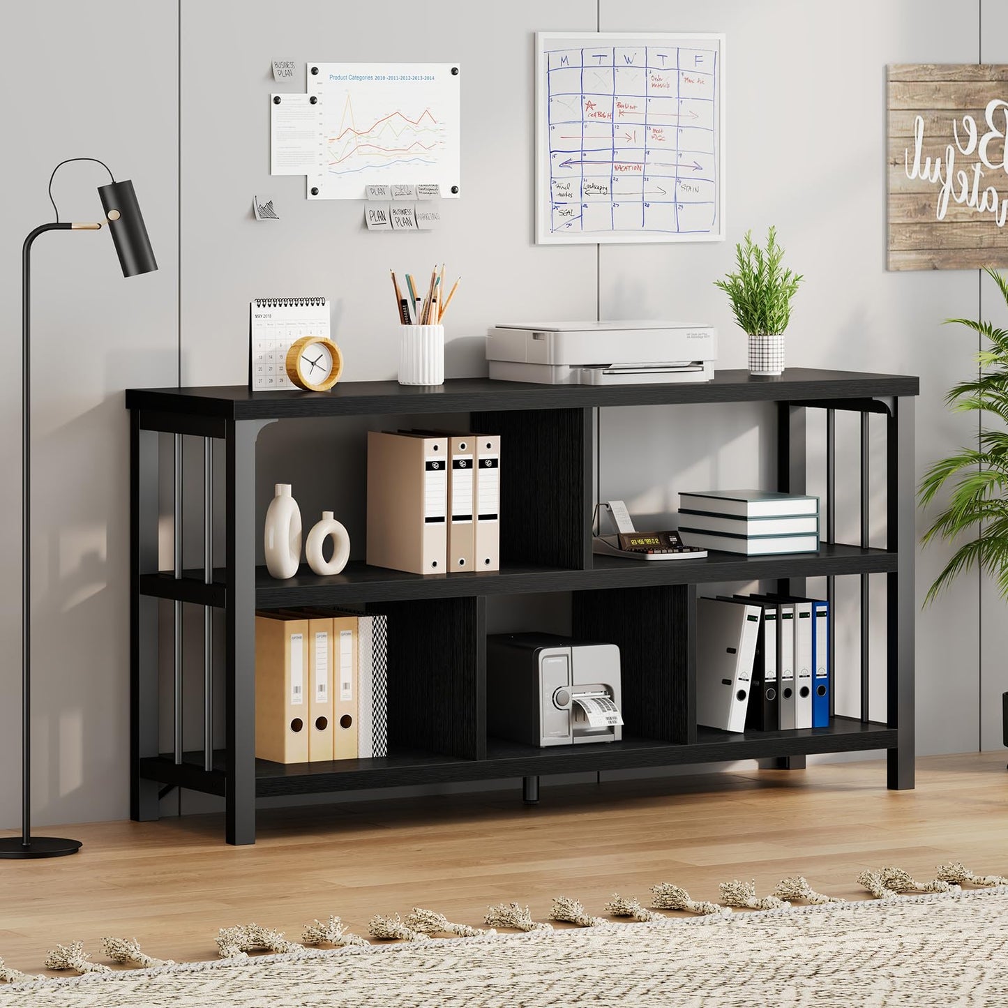 IBF Horizontal Cube Book shelf, Industrial Modern Open Bookshelf, Low Wide Home 5 Cube Storage Organizer Long Shelf for Bedroom, Short Wood and Metal Cubby Book Shelf for Living Room, Black Oak, 47 In