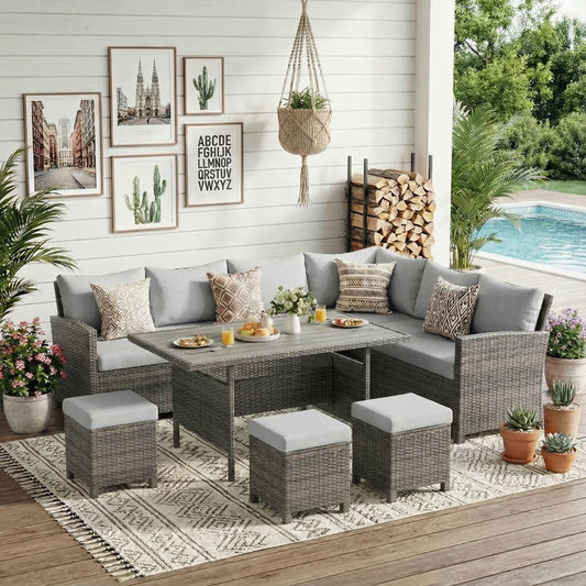 Wisteria Lane 7 Piece Patio Furniture Set, High Curved Back Wicker Outdoor Dining Set, All Weather Patio Sectional, Outdoor Furniture Patio Conversation Set with Ottoman, Ash Gray