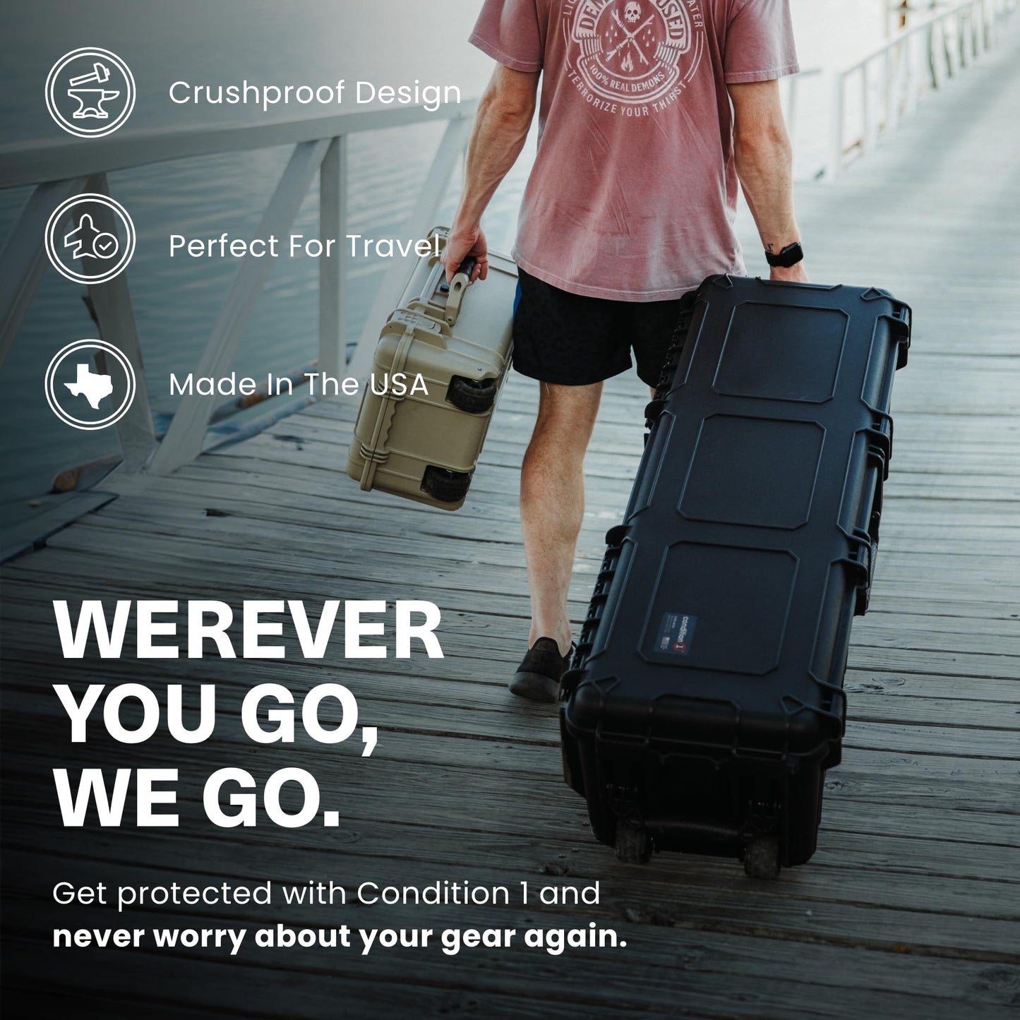 Condition 1 45" Waterproof Hard Case w/Wheels & Pluckable Foam – Lockable, IP67-Rated Waterproof, TSA Approved Storage Trunk for Gear, Camera, Equipment – Black, Made in USA, 44.52"x16.30"x12.90"