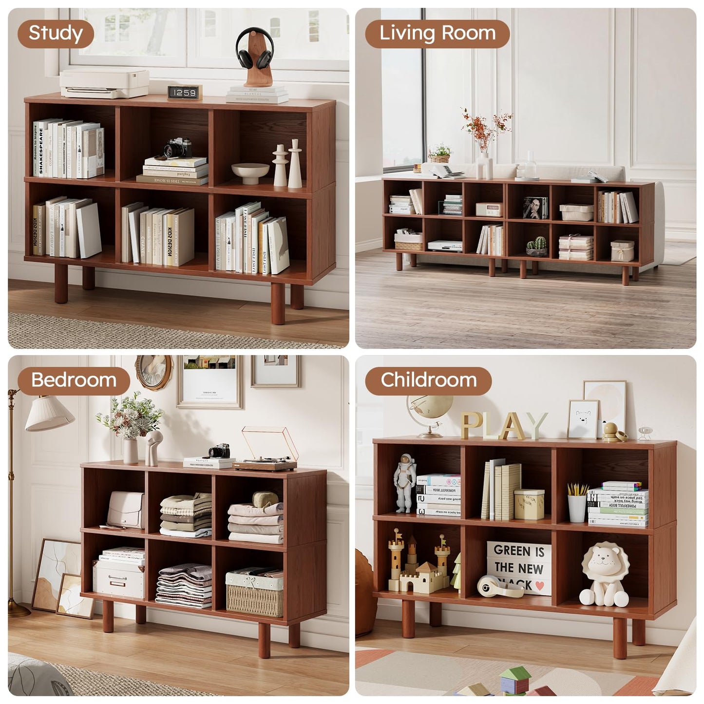 Solid Wood 6 Cube Storage Organizer, Horizontal Bookshelf with Storage, 2 Shelf Bookcase, 6 Cube Shelf, TV Stand Bookshelf, Small Book Shelf for Kids Rooms, Bedroom, Living Room, Offices (47.2 Wide)